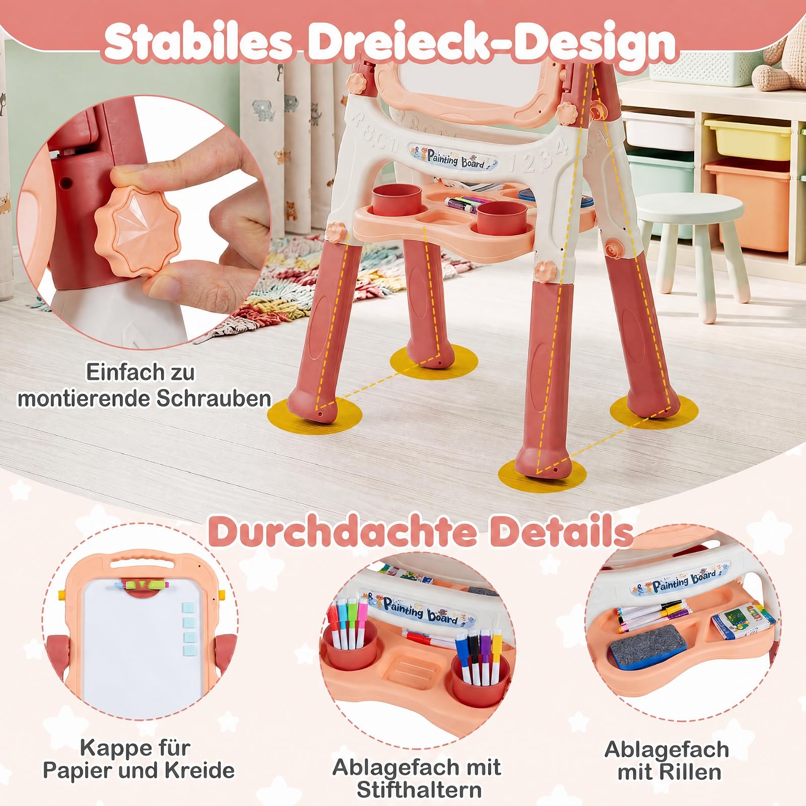 COSTWAY 4-in-1 Kindertafel, Doppelseitige Kinderstaffelei (Pfirsichrosa)
