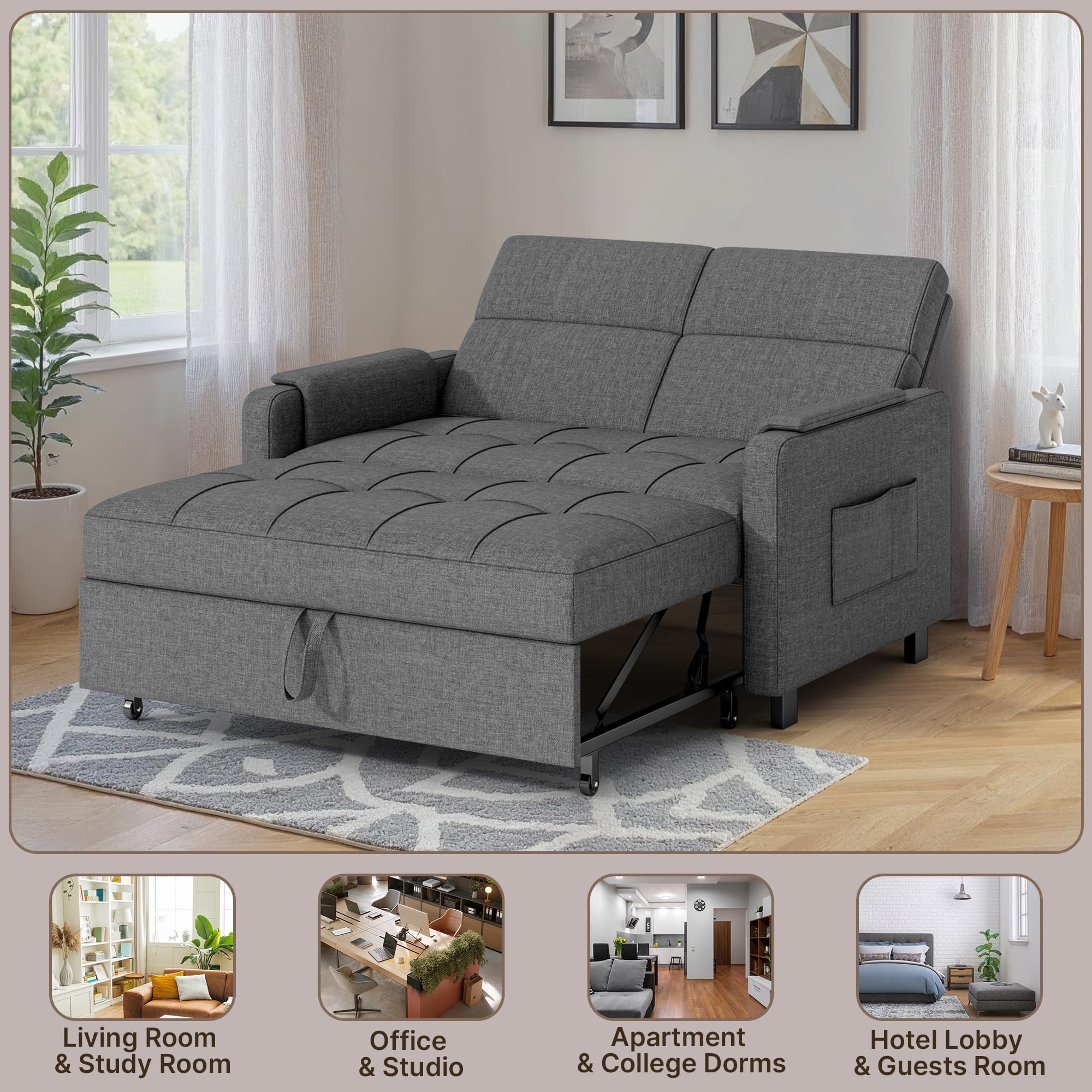 Gizoon Convertible Sofa Bed Modern Couch Bed & Small Loveseat Sleeper, Grey | 3 in 1 Pull out Couch, Space-Saving Design, 5-Position Adjustable Futon Sofa Bed for Living Room, Apartment, Guest Room