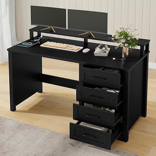 Miniatura 7 de Vabches Escritorio ejecutivo de granja de 47 pulgadas con soporte para monitor y luces LED, escritorio de computadora de 4 cajones con tomas de