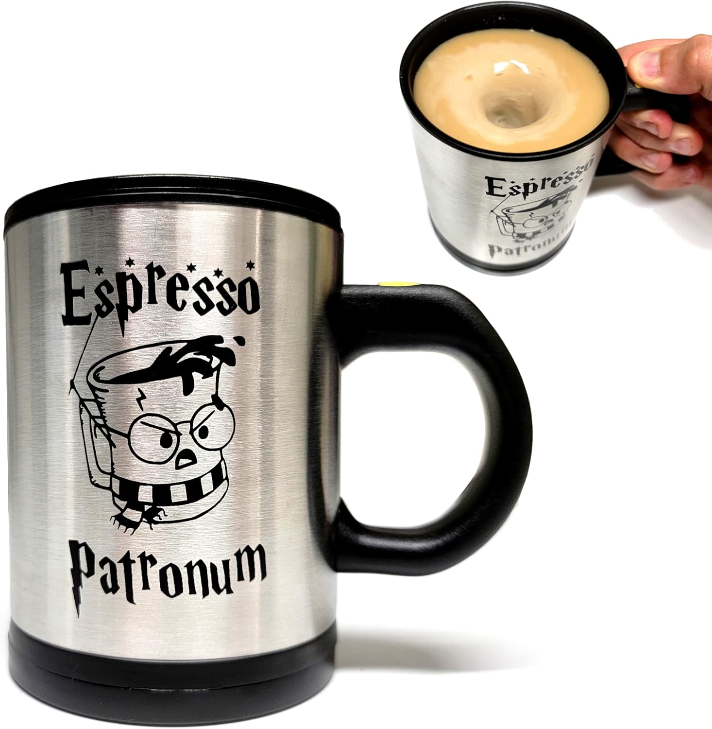 Magic Self-Stirring Espresso Patronum Potter Mug - 304 Double Insulated Stainless Steel with Lid - Requires 2AAA Batteries - Harry P Gift