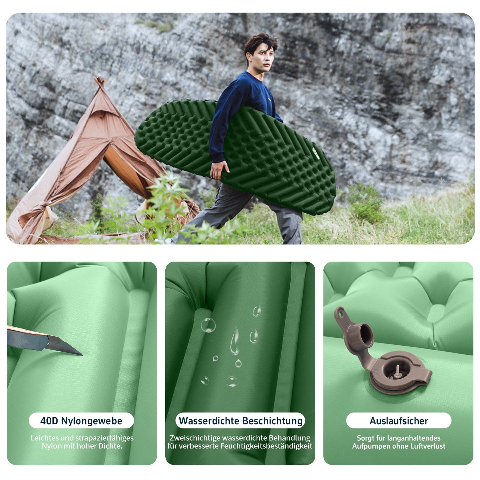 Ultraleichte Isomatte mit separatem Kissen, isomatte selbstaufblasend Isomatte für Outdoor-Rucksackreisen, mit Fußpumpe Wandern und Reisen