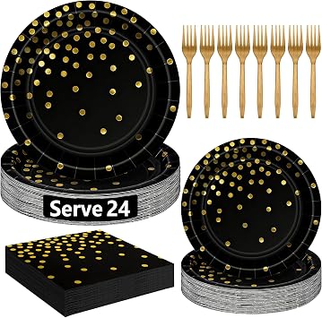 QZYL 96 Pcs Black and Gold Plates Set, Birthday Plates and Napkins Party Supplies, Disposable Black and Gold Party Decorations for 24 Guests, Birthday Tableware Wedding Decor with Plate, Napkin, Fork