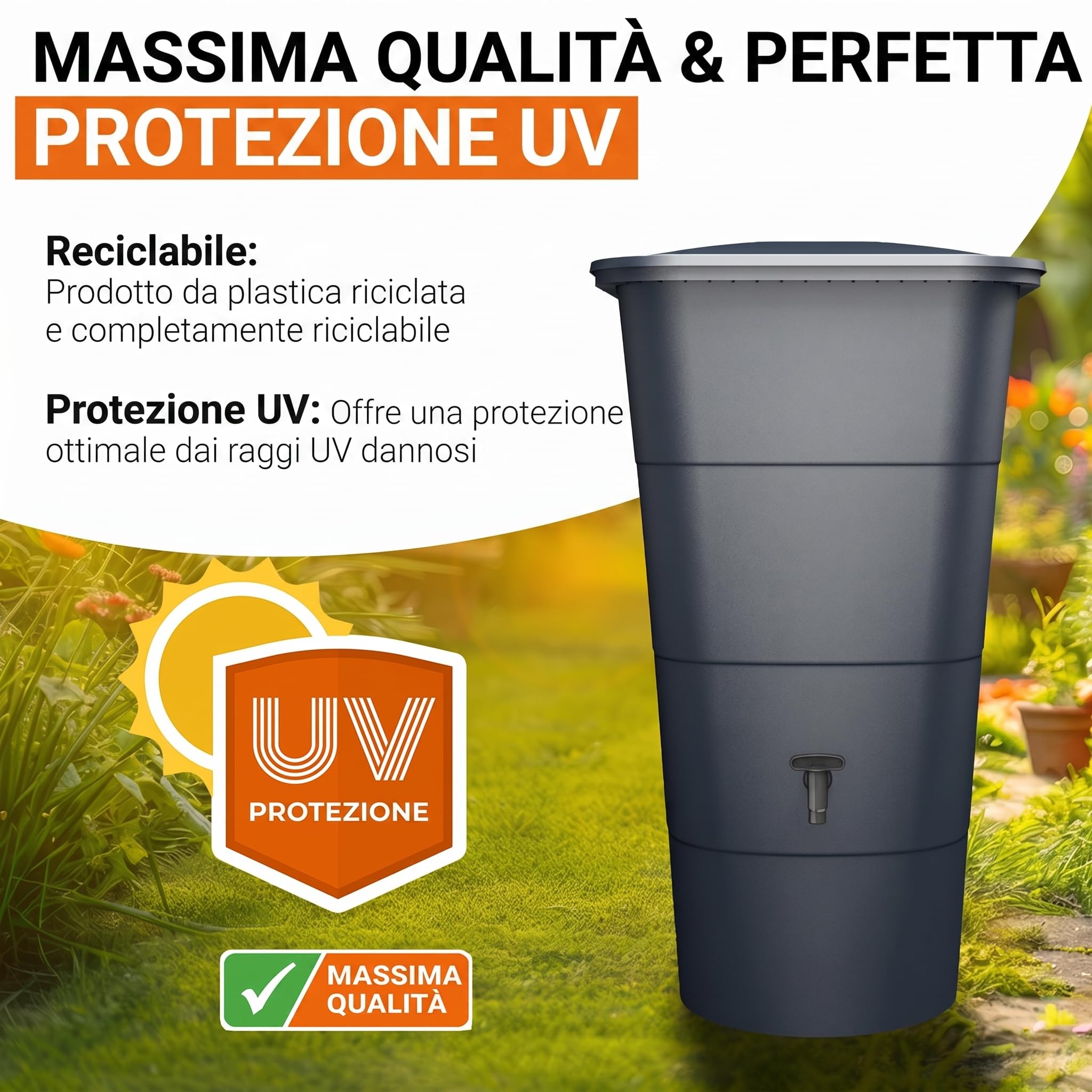GARANTIA IBIZA serbatoio per acqua piovana quadrato 200 litri grigio grafite incl. coperchio e rubinetto - superficie elegante per parete e angolo - bordo rinforzato e base rotonda anti rigonfiamento