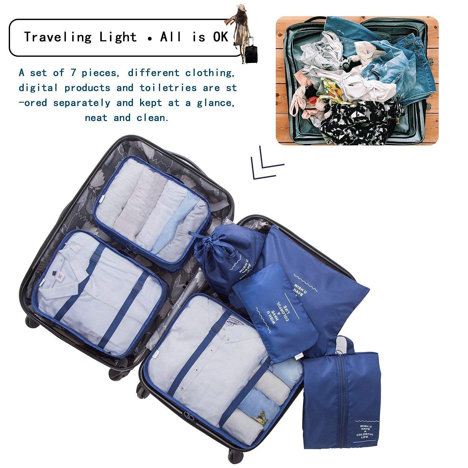 KUKLAR Cubos de embalaje para maletas, cubos de embalaje con bolsa de zapatos, bolsa de ropa, accesorios, cubos de embalaje para viajes, organizador de equipaje, mujeres y hombres (azul), azul