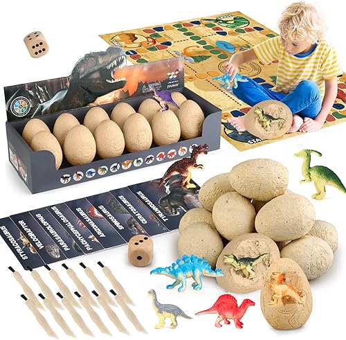 Kit de excavación de huevos de dinosaurio, juguetes de dinosaurio para niños de 5 a 7 años, kit de excavación de huevos de dinosaurio con 12