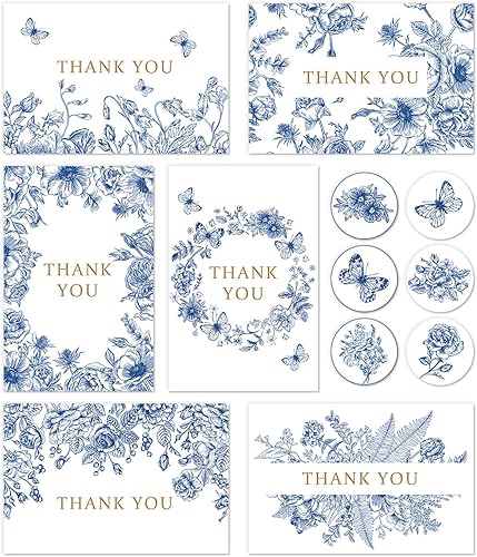 AnyDesign Paquete de 36 tarjetas de agradecimiento florales azules y blancas con sobres de papel de estraza con calcomanías elegantes de