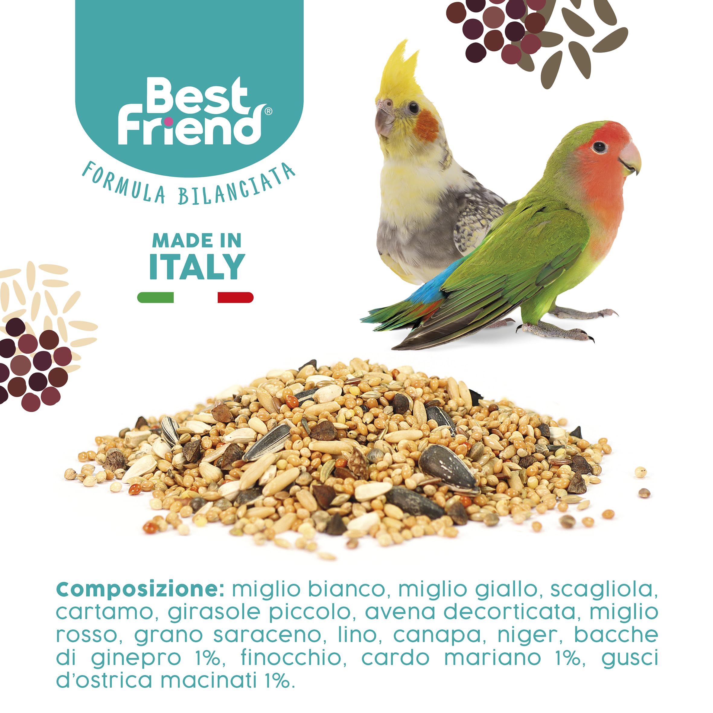 Best Friend Mangime Completo per Inseparabili e Parrocchetti Mangime per gli uccelli con Cardo Mariano. Ingredienti Naturali, Qualità 100% Made in Italy | Confezione da 8 pacchi