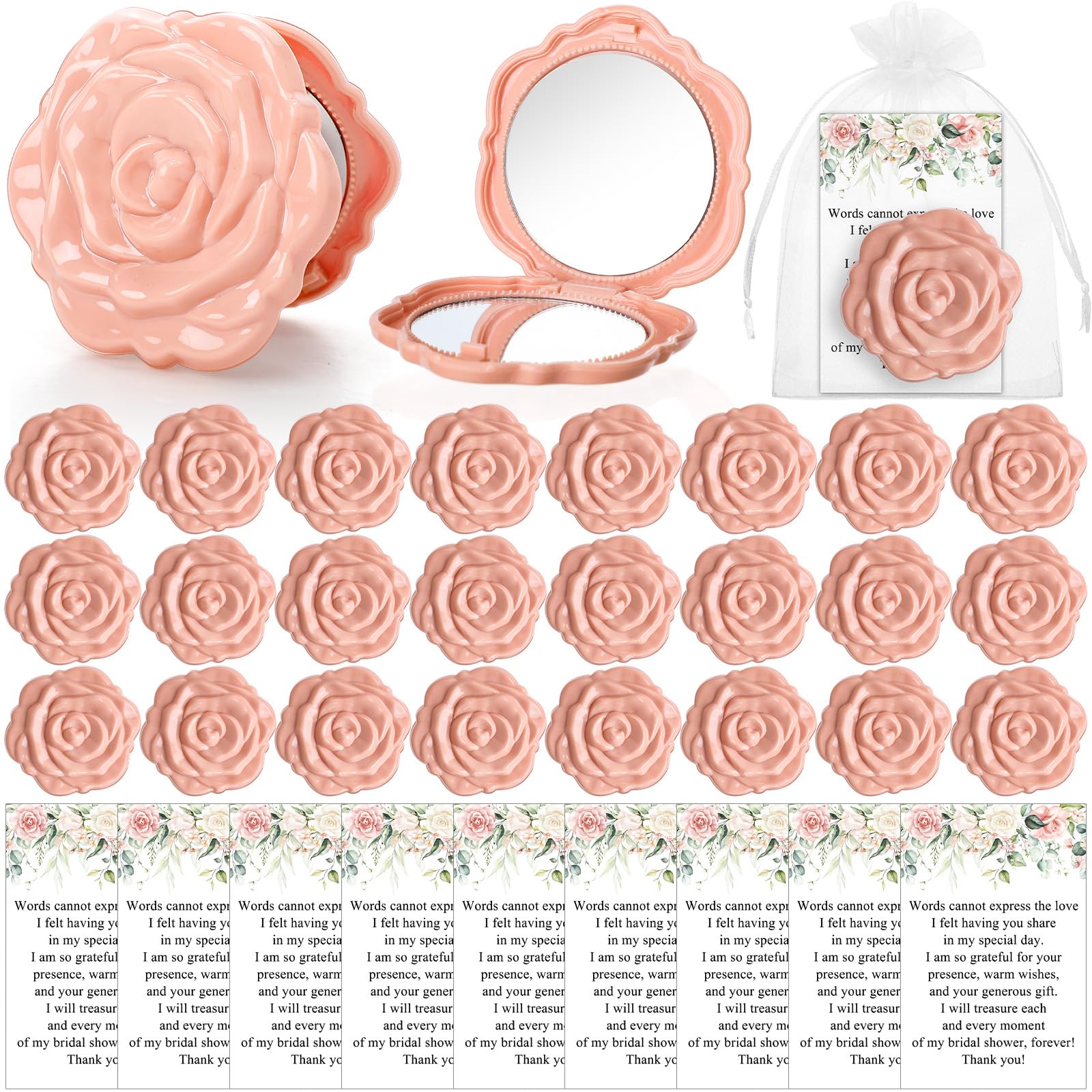 FoldTier 30 Sets Brautparty-Gastgeschenke für Gäste, kleine Rose, Kompaktspiegel, Großpackung, Hochzeitsgeschenke, Dankeskarten und Organza-Beutel, Hochzeitsfeier, Gäste, Souvenir, Geschenk (rosa