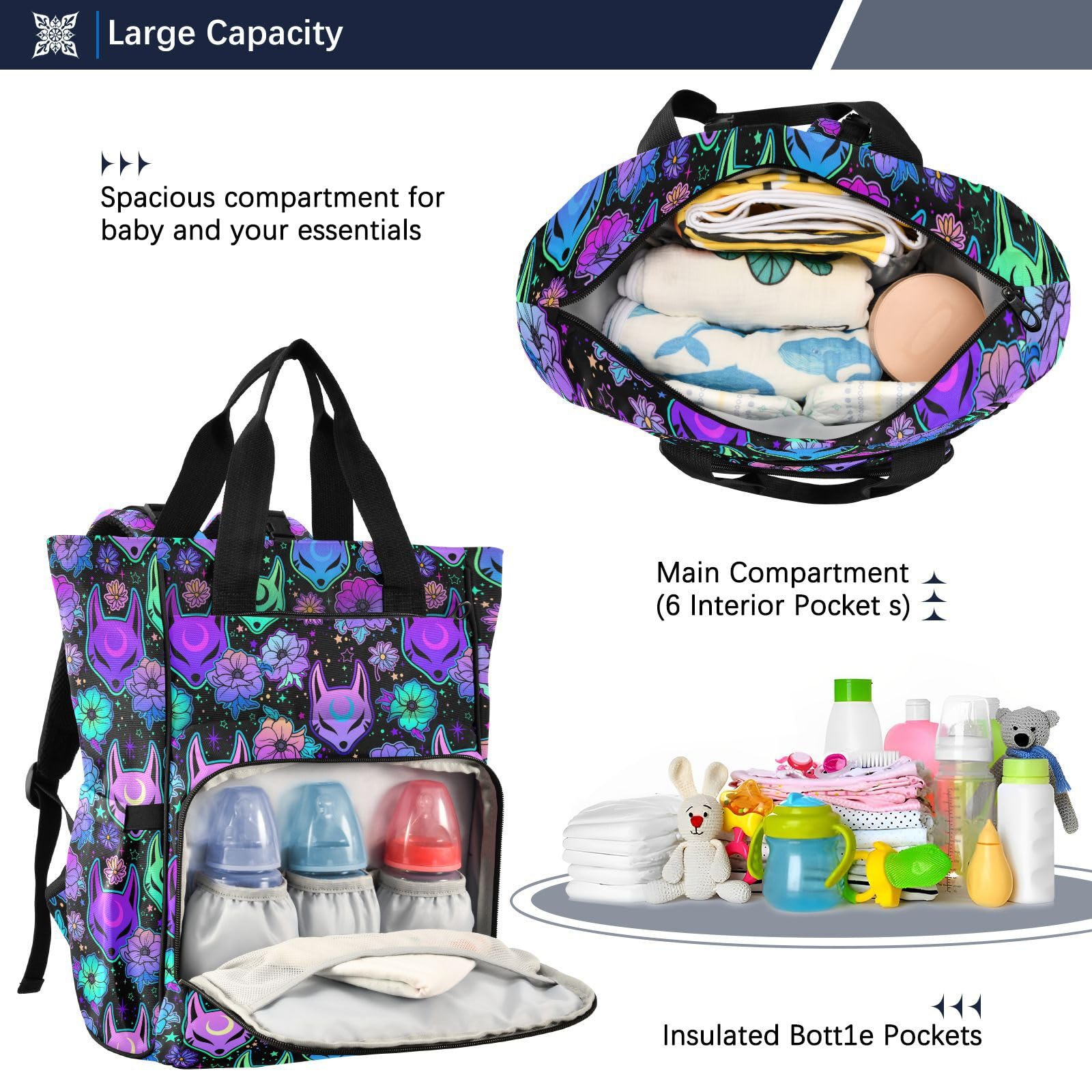 ALAZA Zaino per il cambio del bambino, borsa fasciatoio viola gotica con pipistrelli, borsa multifunzionale per pannolini, grande capacità, zaino per mamma e papà