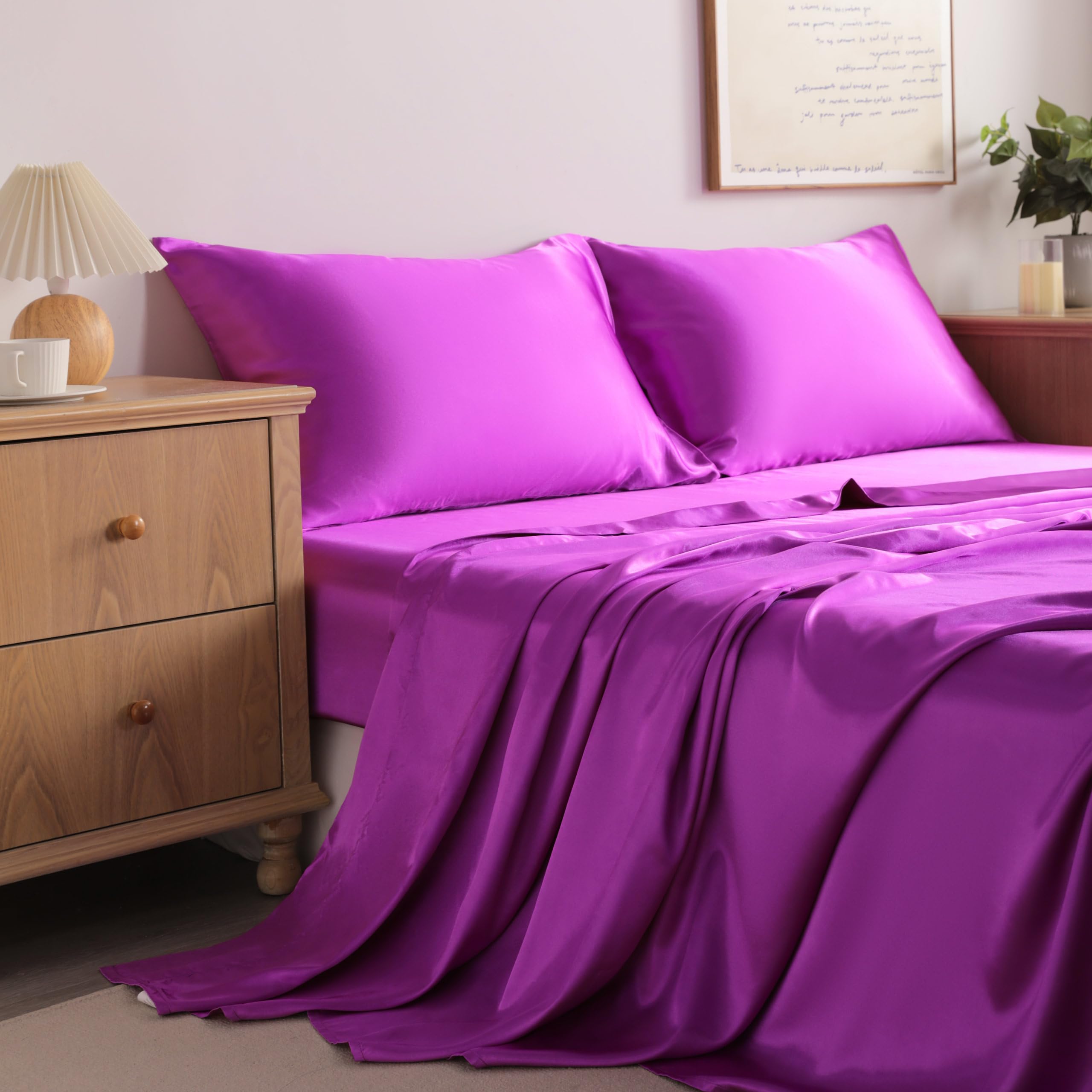 Queen Purple Satin Sheet Set - Luxury Soft Silky Bed Sheets Set for Hair and Skin 4 Pieces