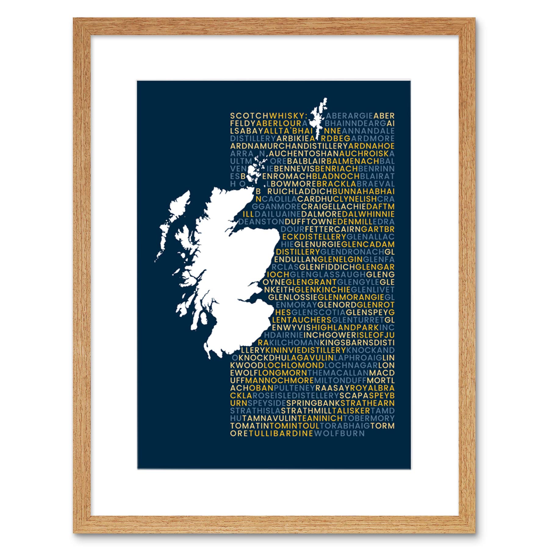 Wee Blue Coo Scotch Whisky Distilleries Map Framed Wall Art Print 9X7