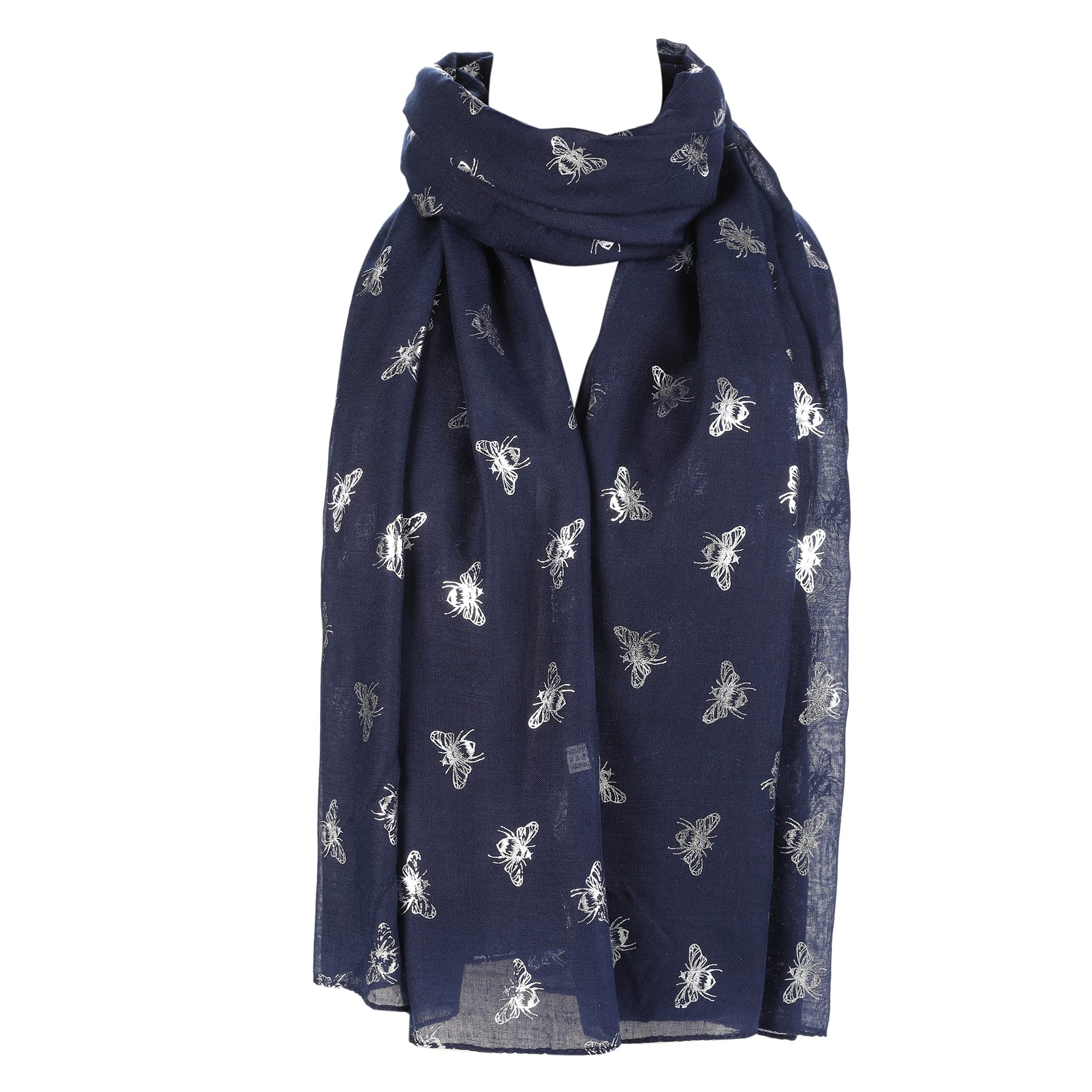 London Scarfs Women's Glitter Bumble Bee Print Ladies Scarf Lightweight Fashion Wrap (Glitter Bumble Bee Navy Blue)