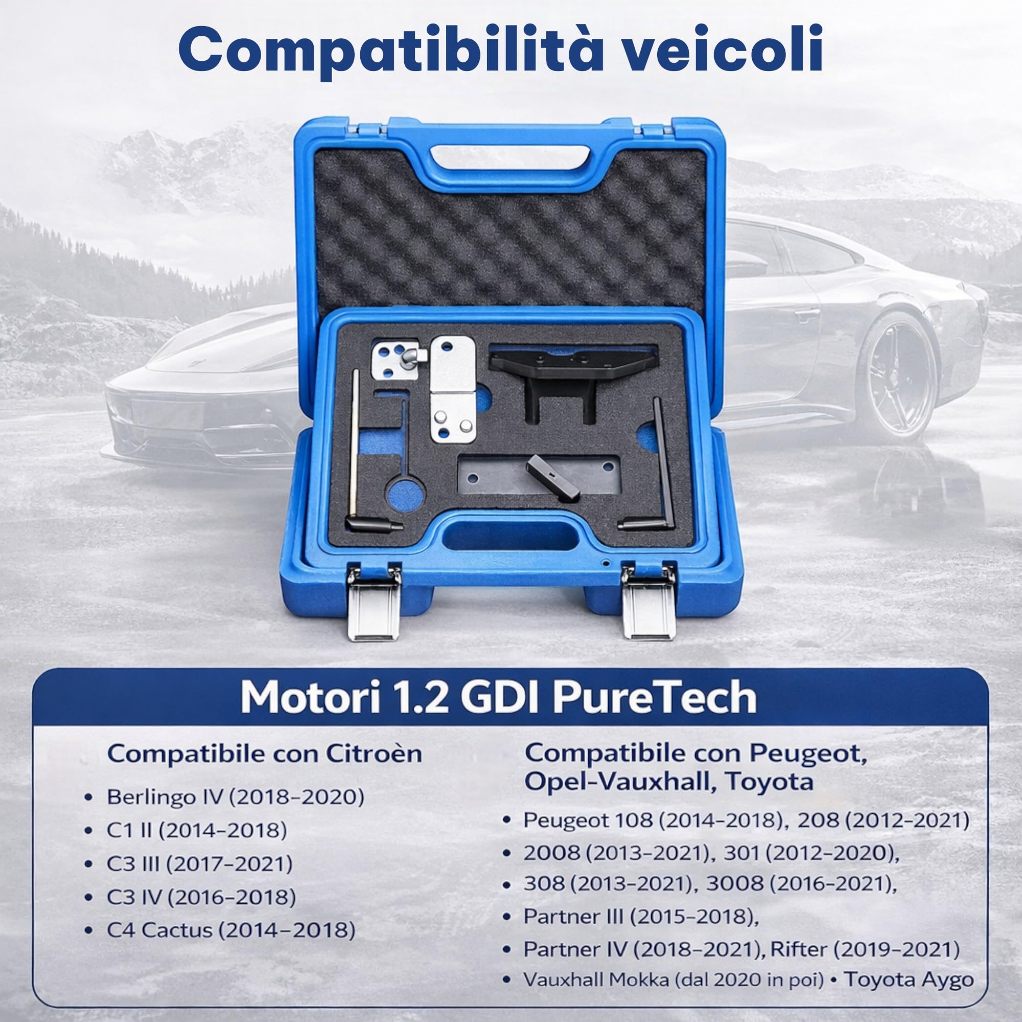 topolenashop Kit Strumenti Messa in Fase Motore Benzina 1.0 e 1.2 – Attrezzi Bloccaggio Albero a Camme e Motore – Compatibile Citroën Peugeot Opel – Valigetta Rigida FS-15414