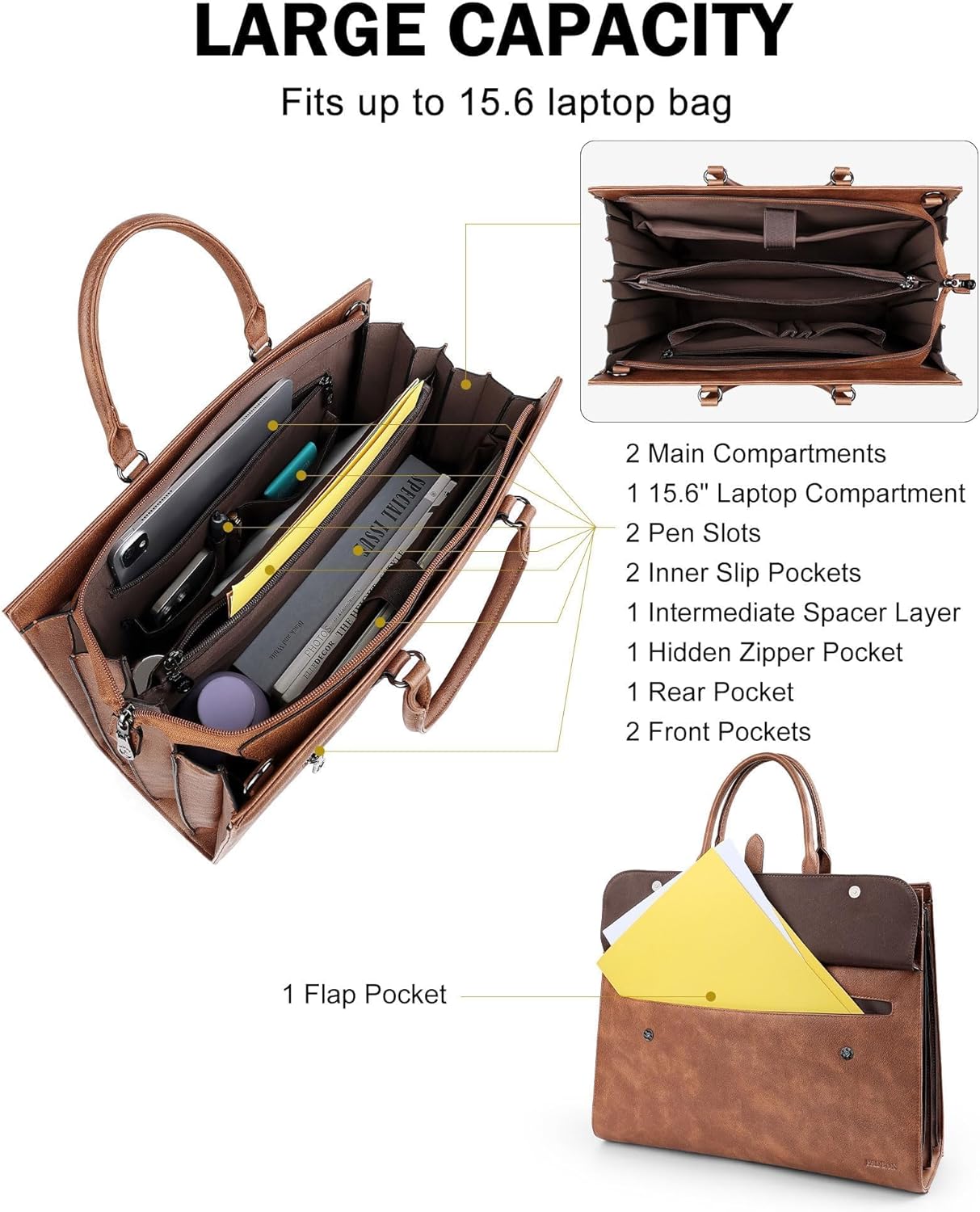 FADEON Leather Briefcase for Women, Designer 15.6 inch Laptop Bag, Tote Shoulder Handbag for Teacher Busniess Work Brown - Image 5