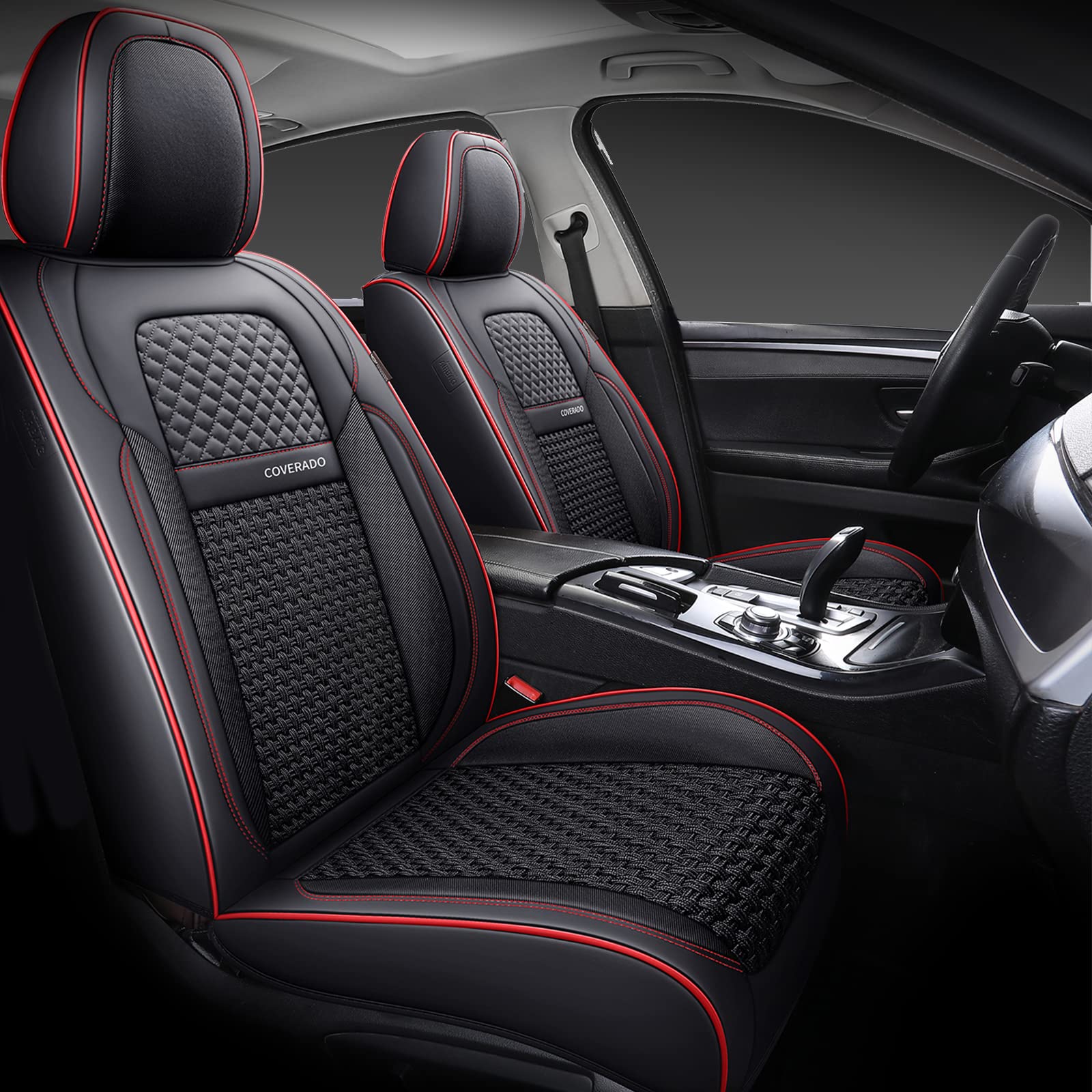 Photo 1 of Coverado Front and Back Seat Covers 5 Pieces, Breathable Leather Auto Seat Protectors Full Set, Universal Fit for Most Sedans SUV Pick-up Truck, Black and Red