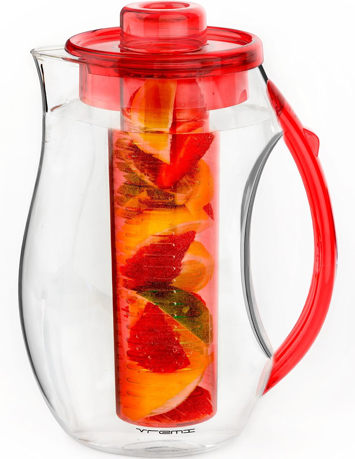 Vremi Fruit Infuser Water Pitcher - 2.5 liter Plastic Infusion Pitcher with Lid for Loose Leaf Tea - Large BPA Free Infuser Pitcher with Spout - 84 oz Sangria Pitcher Vodka Infuser Insert - Red