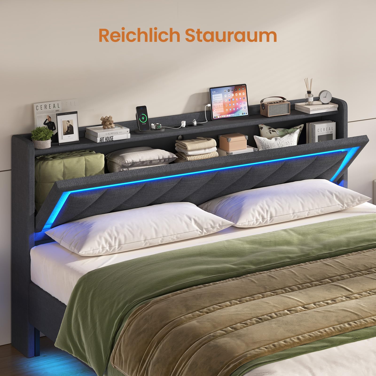 KIMENICH Polsterbett 180x200 cm,Schwebebett mit LED-Beleuchtung und Ladestation,Bett 180x200 mit Stauraum,Doppelbett mit Lattenrost,Bettgestell mit Kopfteil,Grau