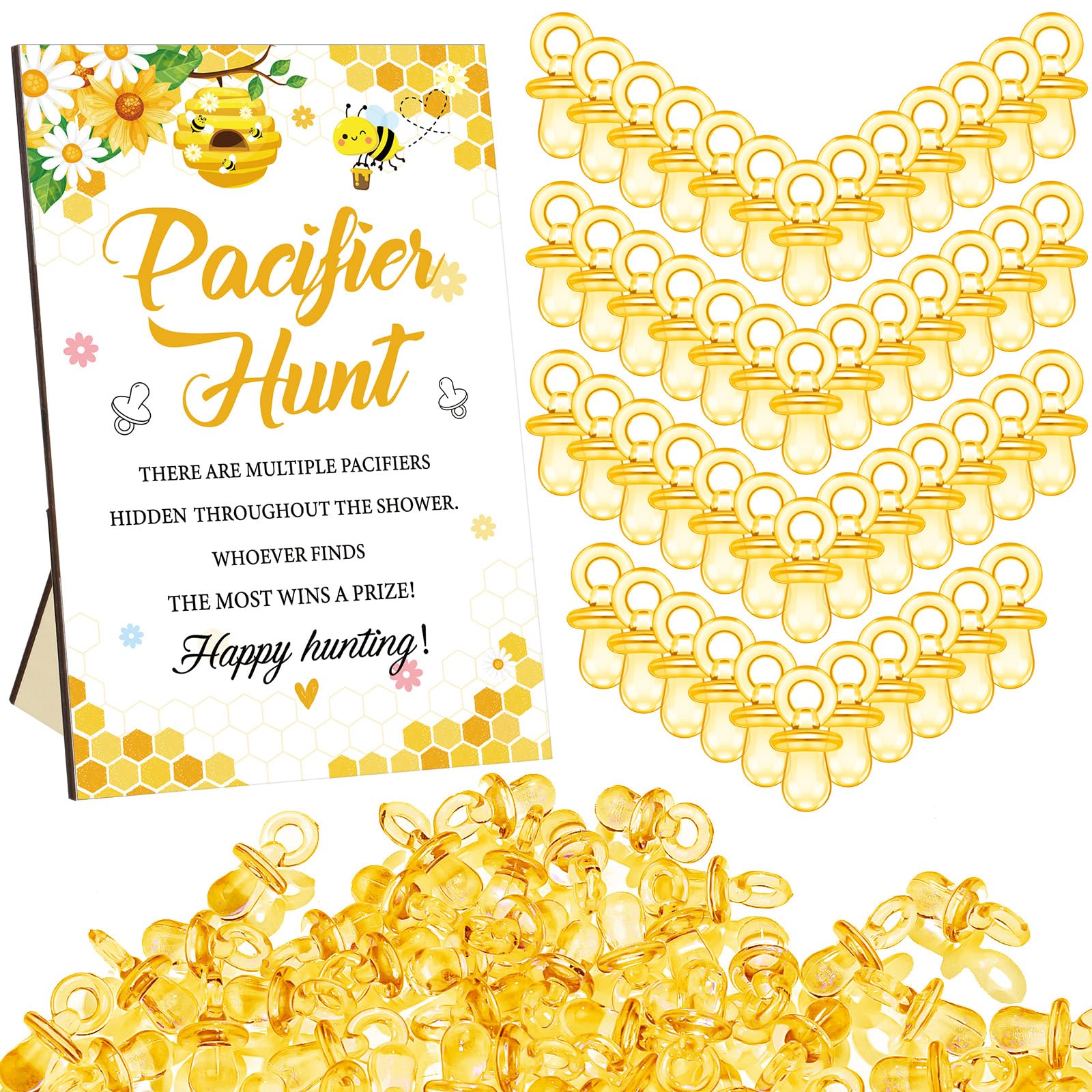 Thyle 51 juegos de caza de chupetes para baby shower, incluye letrero de caza de chupetes y 50 chupetes acrílicos para decoración de juegos de baby shower, juegos de regalo, decoración de fiesta de