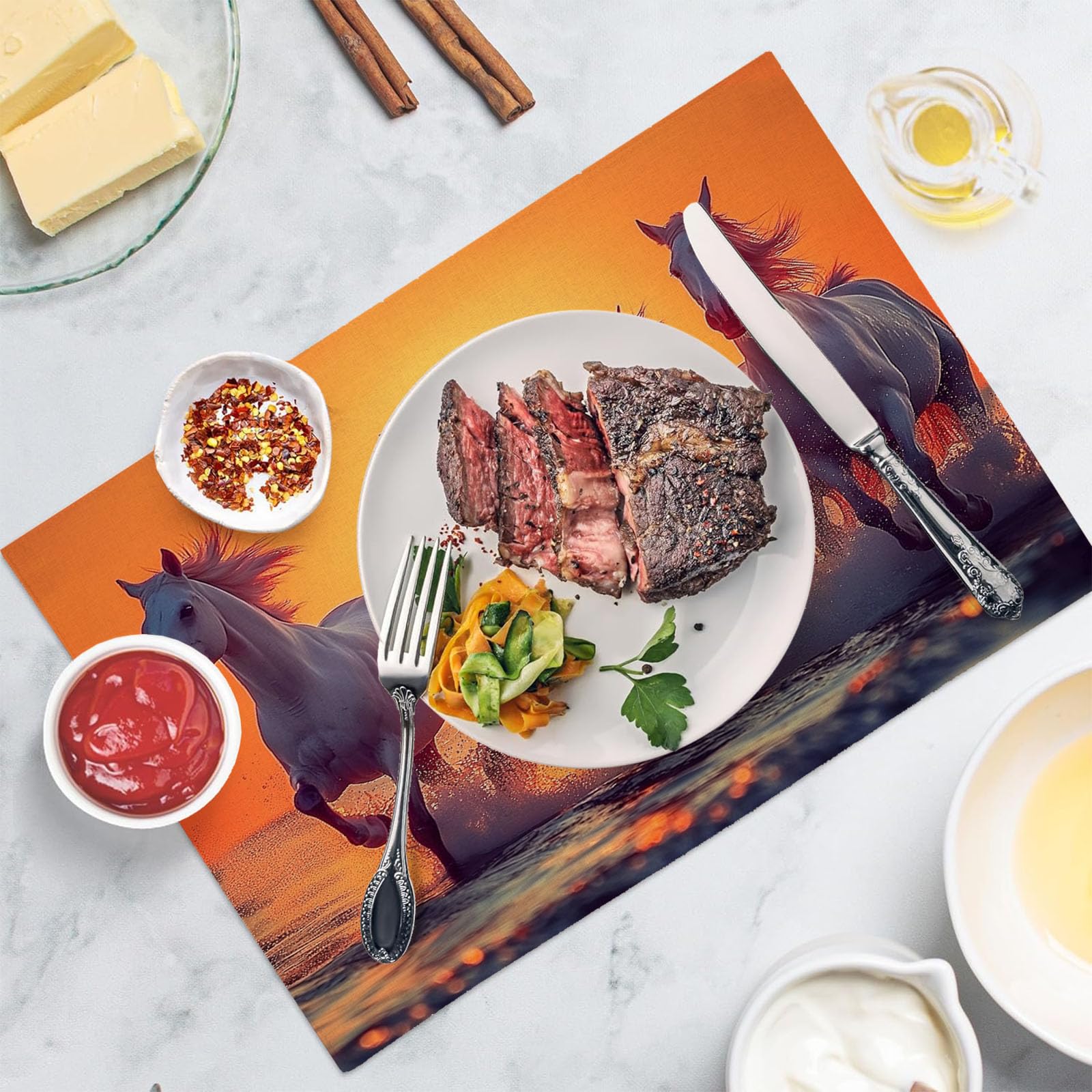 Set di 8 Colazione Stoffa 30x45cm, Tramonto Spiaggia Cotone e lino Tovagliette Americane Lavabili, Tovagliette Cavallo per Primavera Vacanze Cucina Feste, Pasqua