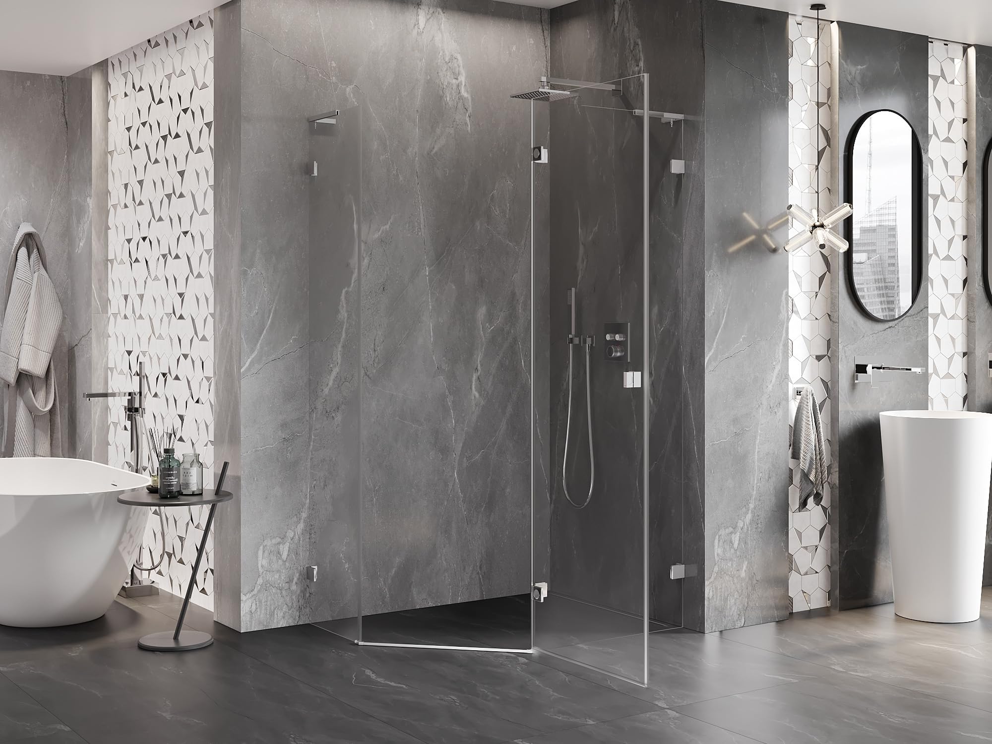 Mexen Lunar L Box Doccia Cinquagonale Angolare Destra 100x90 Trasparente Cromo