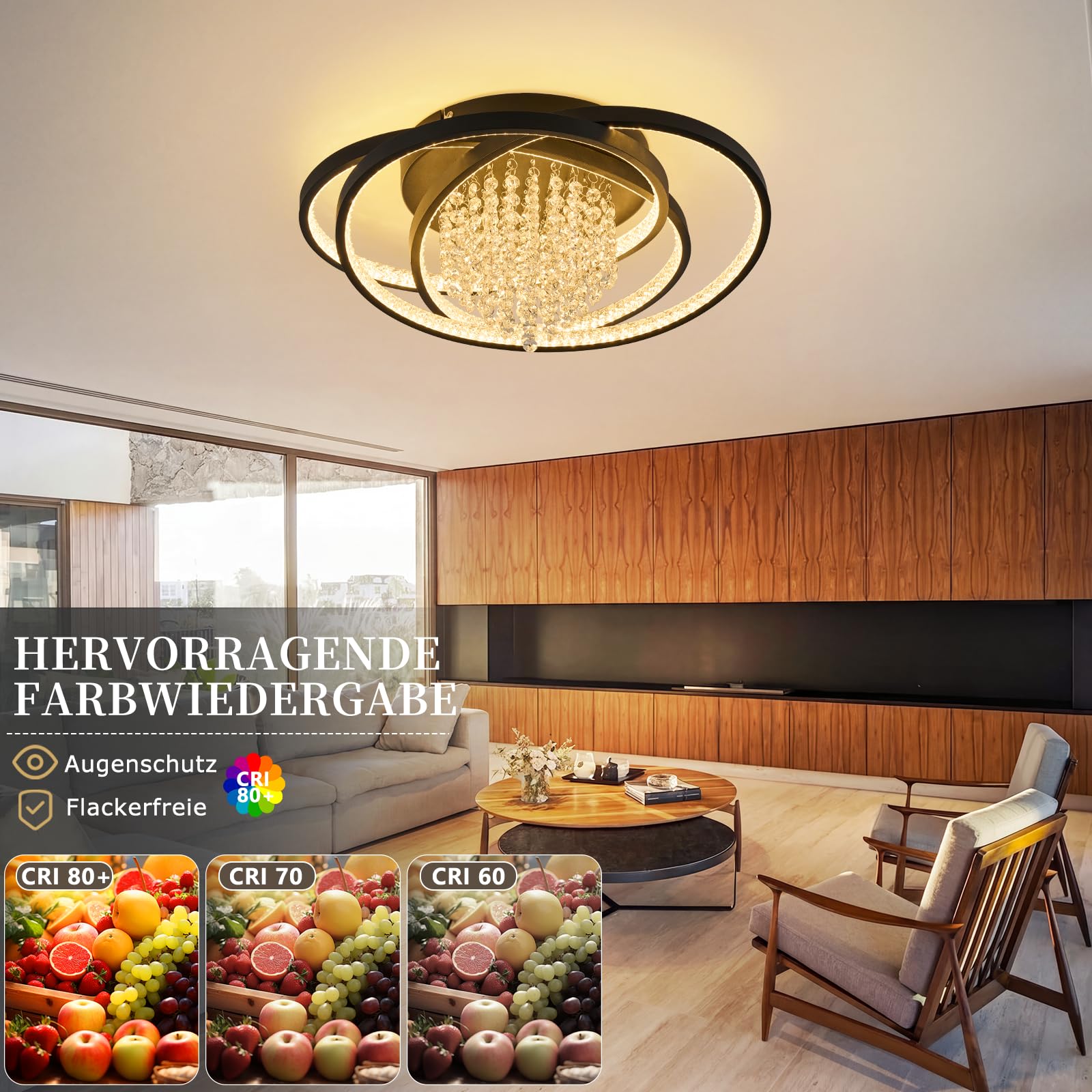 ZMH Deckenlampe Kristall LED Deckenleuchte Wohnzimmer Morden Schwarz | Wohnzimmerlampe 40W 3000K Warmweiß Licht Schlafzimmerlampe Groß Kristalleffekt Design Schlafzimmer Lampe Decke Esszimmer