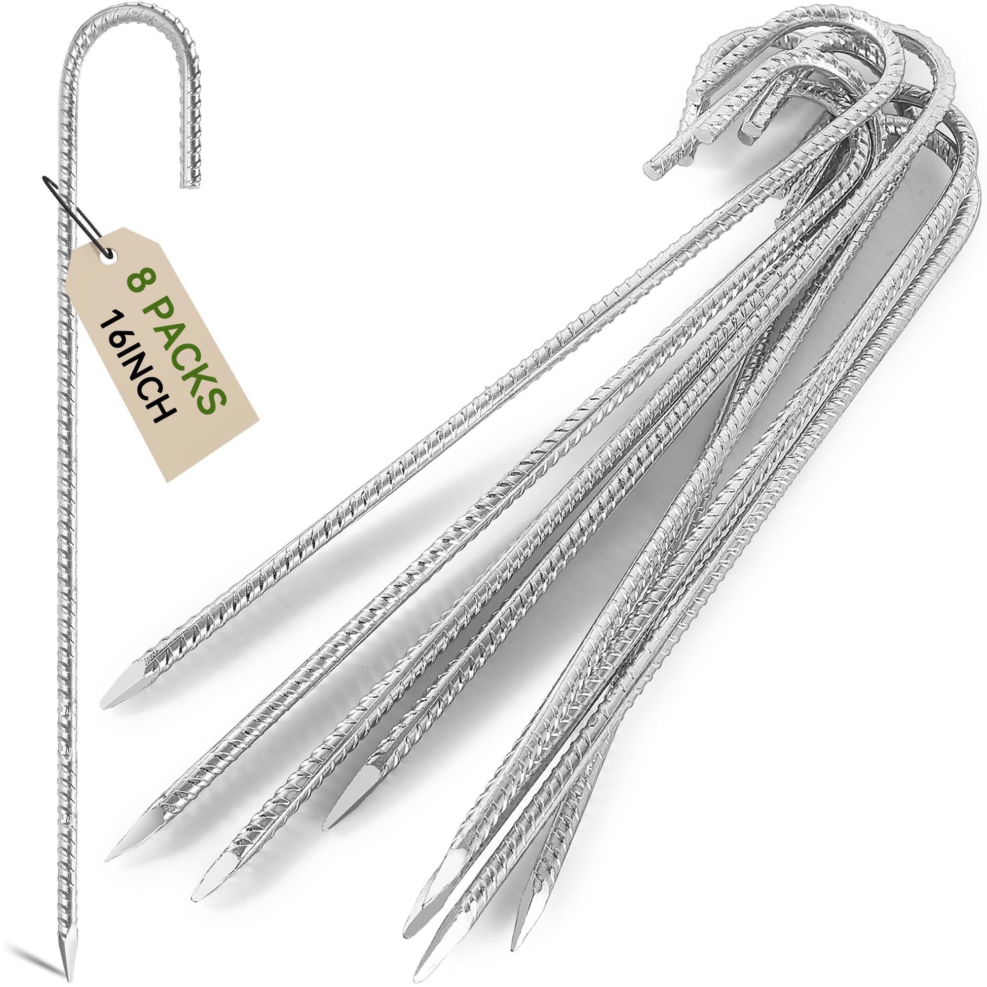 Graxury 8Packs 16 Inch Heavy Duty Garden Trampoline Tents Stakes - J Hook Thickened Rebar Galvanized Steel Securing Pegs Anchoring Shed Swings Camp