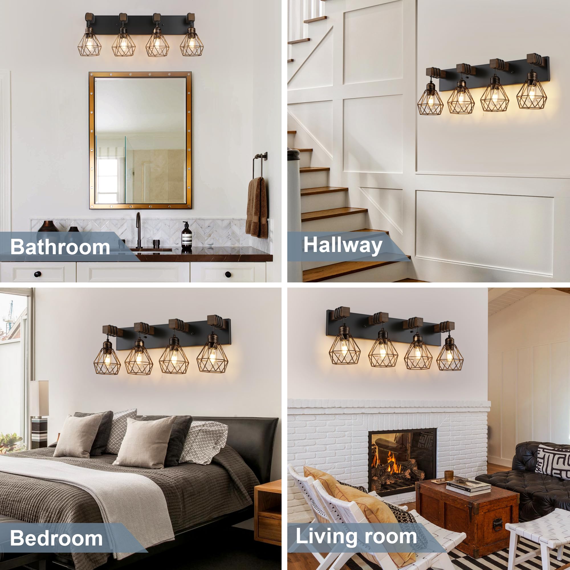 Farmhouse Badezimmer-Beleuchtung, 4 Leuchten für Badezimmer über Spiegel, rustikale schwarz-goldene Holz-Kosmetikleuchten mit Metallschirm für Wohnzimmer