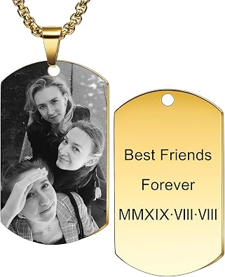 MeMeDIY Personalized Dog Tag Pendant Necklace Engraving Text/Black & White Picture for Men Women Memorial Stainless Steel/Tungsten Jewelry Bundle with Adjustable Chain, Keychain, Silencer