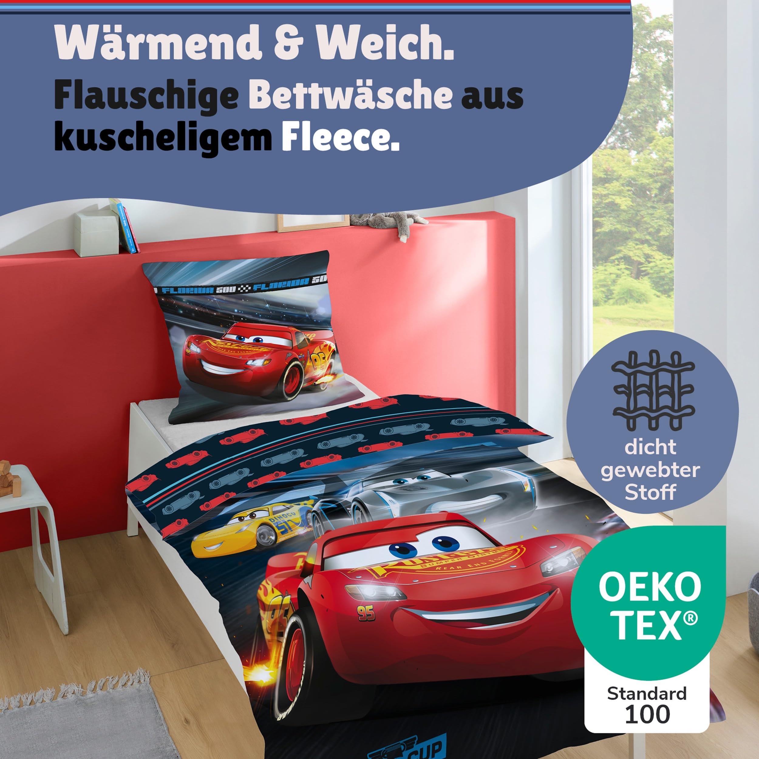 Familando – Disney Cars Warme Fleece Bettwäsche Set – Decken- & Kissenbezug 135x200 cm & 80x80 cm mit Reißverschluss – Wendemotiv mit Lightning McQueen, Cruz Ramirez & Jackson Storm – Öko-TEX Zert.