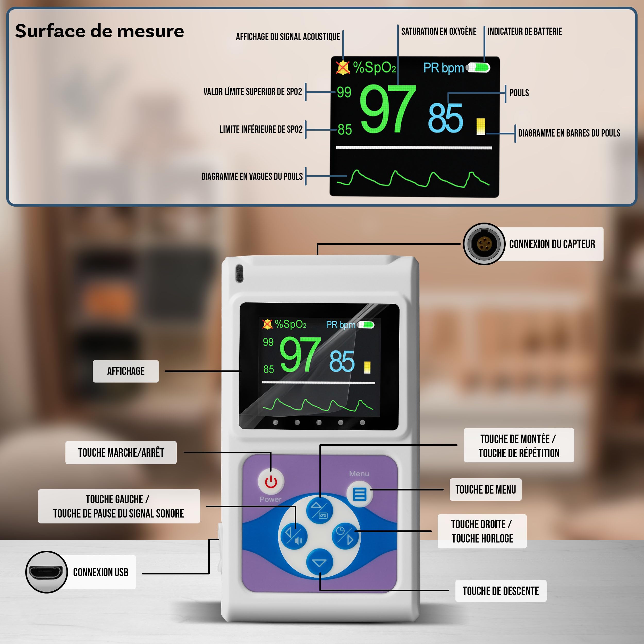 Pulox PO-650B - Oxymètre de pouls digital avec capteur externe pour bébés - Mesure de la SpO2 et du pouls chez nourrissons et enfants
