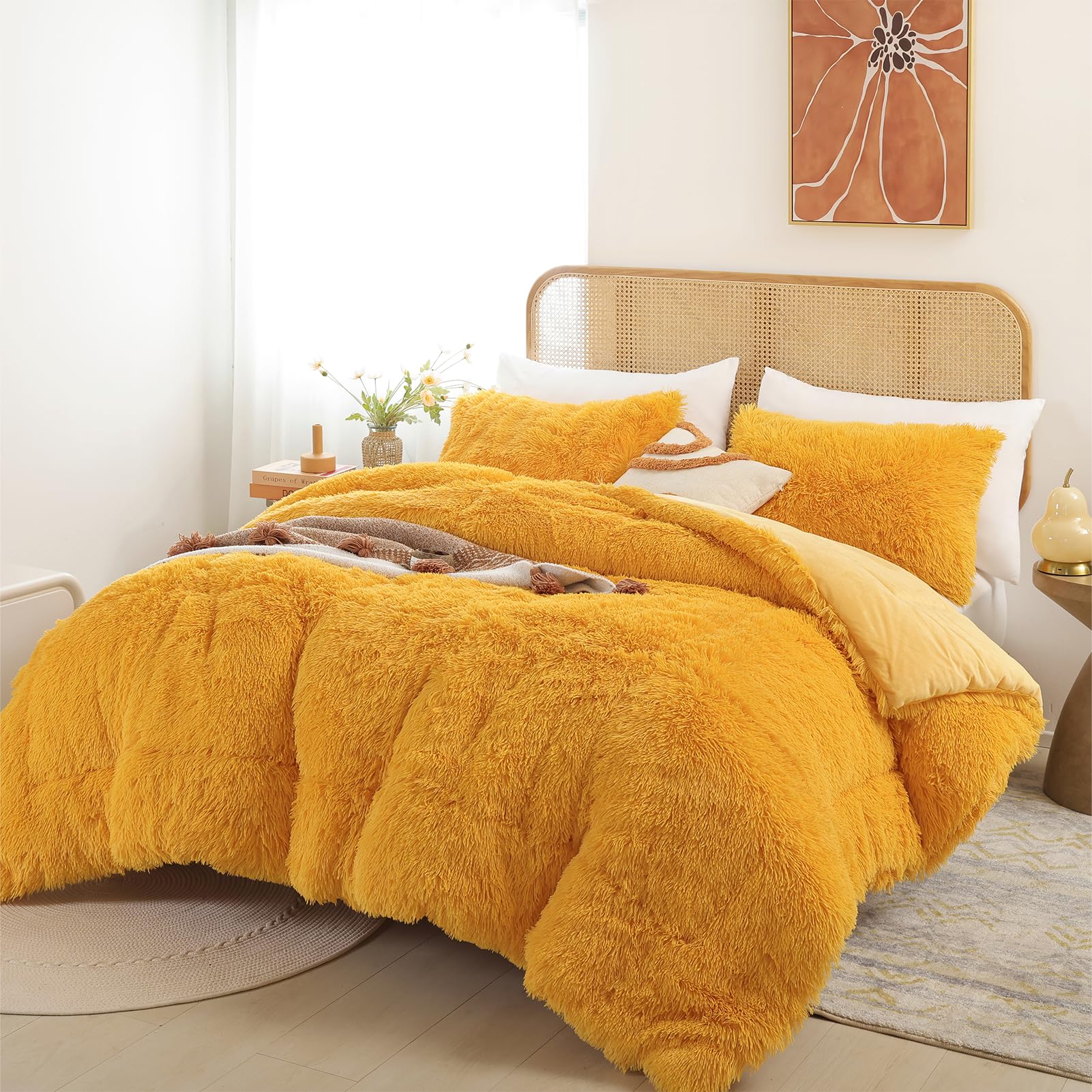 Smoofy Faux Fur Comforter Set King Size 3Pcs Fluffy Fuzzy Plush Comforter Set Cute Soft Shaggy Velvet Double-Sided Bedding Set (1 Faux Fur Comforter + 2 Faux Fur Pillowcases)