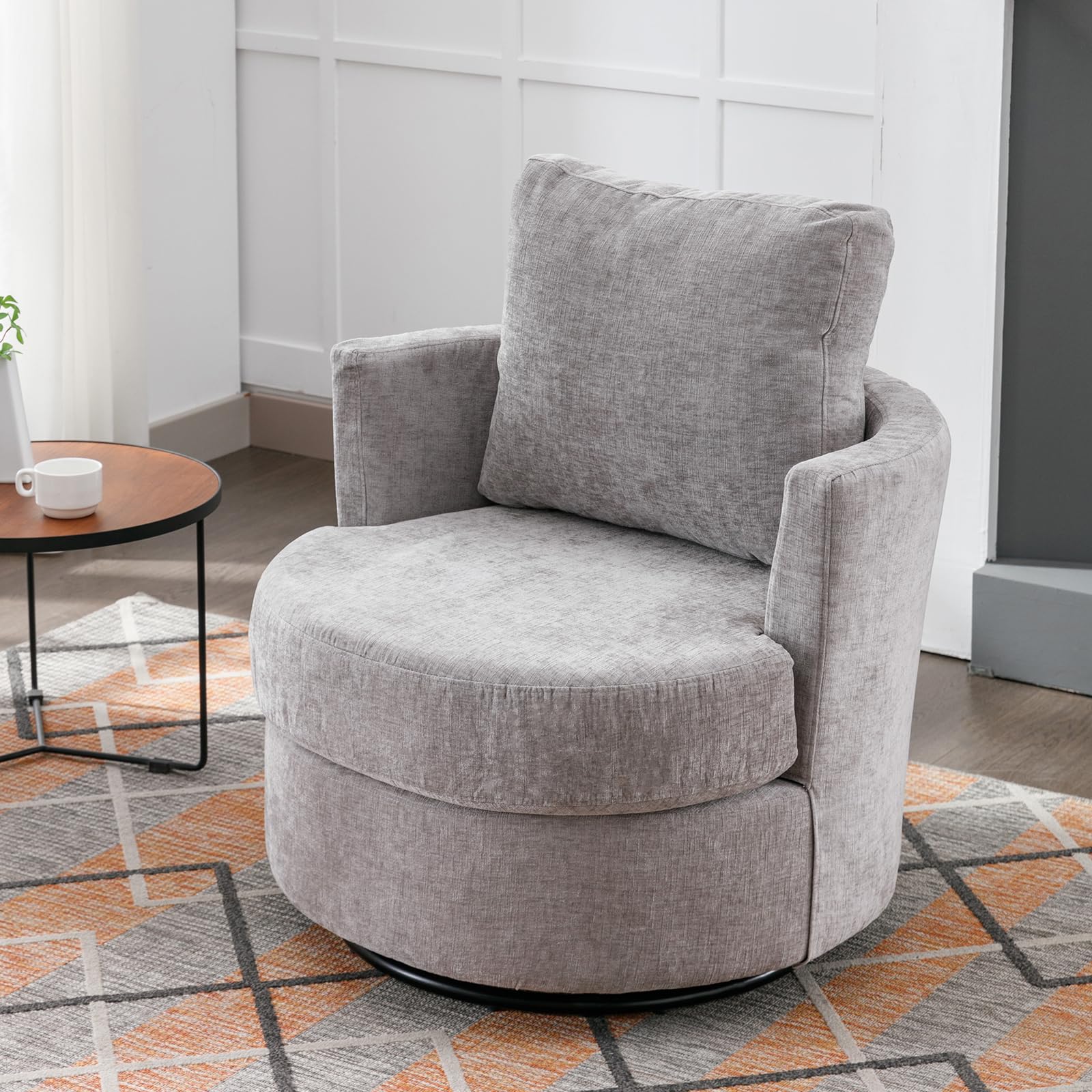 KIVENJAJA Swivel Accent Chair, 32”W Chenille Upholstered 360-Degree Swivel Barrel Armchairs, Modern Round Swivel Club Arm Chair for Living Room, Nursery, Bedroom, Office (Grey)