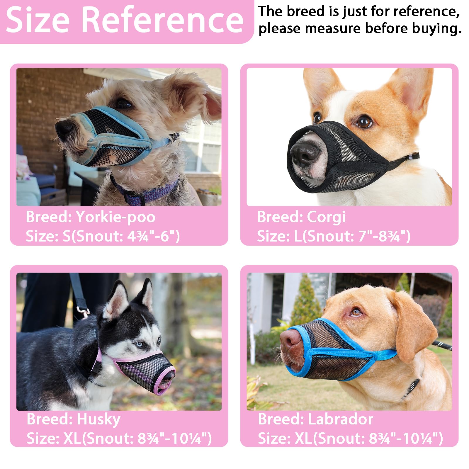 LUCKYPAW Bozal para perro, bozal de malla para perros pequeños y medianos, cubierta bucal suave para evitar mordeduras, protector bucal ajustable y transpirable para cachorros (rosa, S)