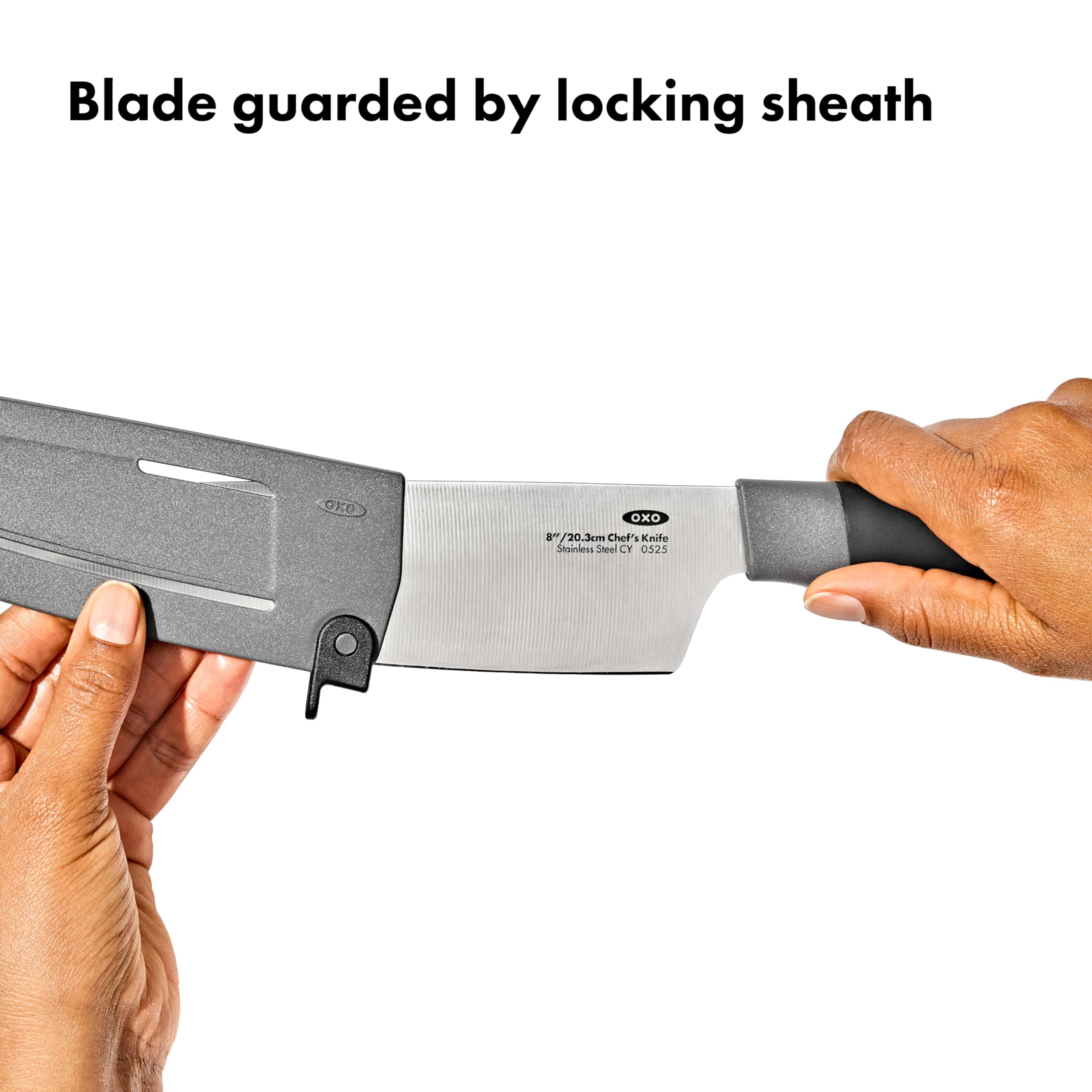 OXO Good Grips 8 in Chef’s Knife with Locking Sheath, Sharp Stainless Steel Kitchen Knife for Chopping, Dicing, and Mincing Herbs and Meat, Cooking Essential with Protective Cover — Amazon image 4
