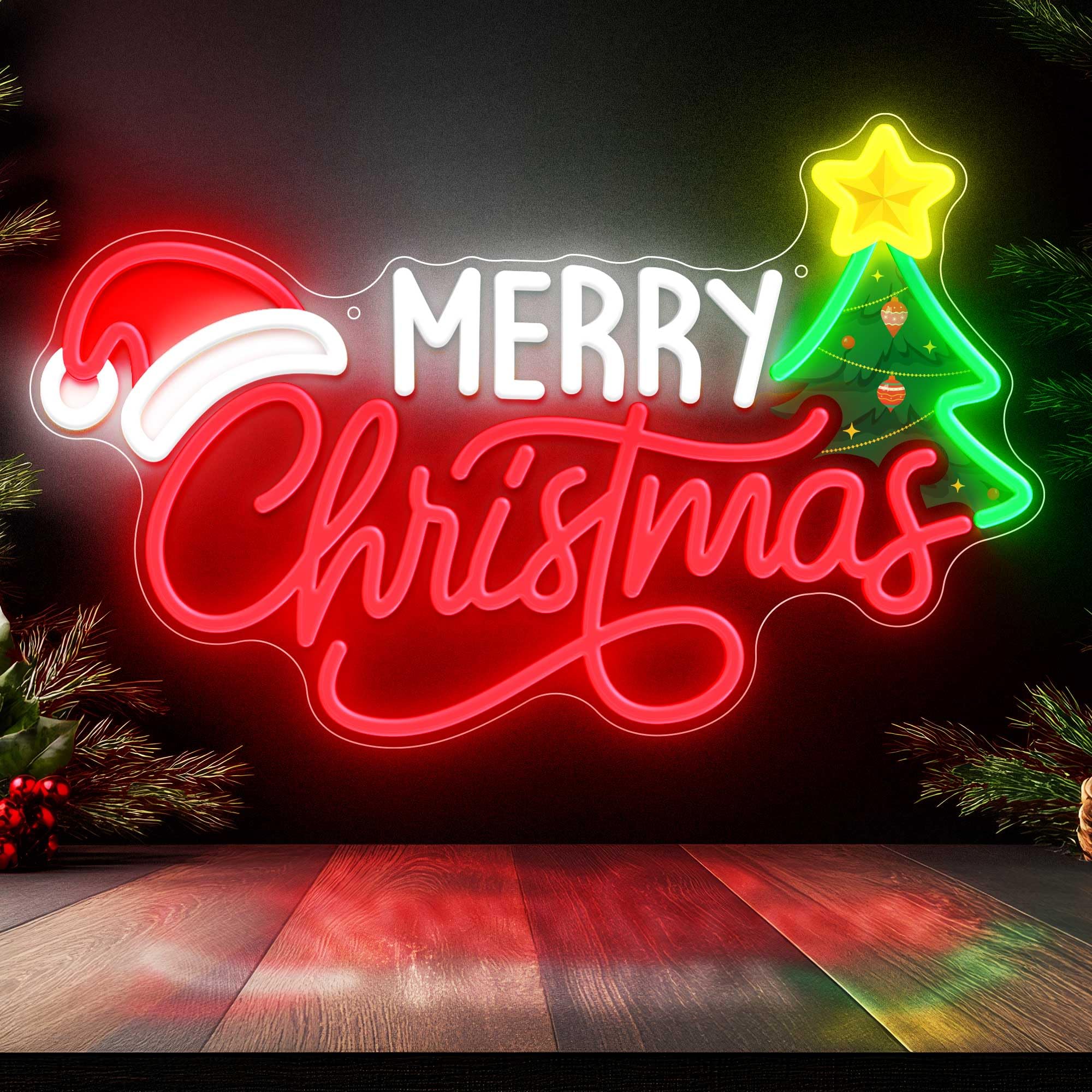 SELICOR Merry Christmas Neon Sign, LED Sign with Xmas Tree and Santa Hat, USB Powered Dimmable Switch for Wall Decor, 11" x 17.6" Art Deco Plastic Sign