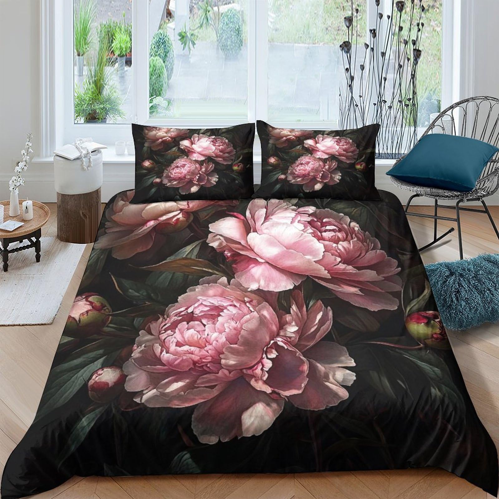 P5V6M1Q9 3D Printed Pink Peony Duvet Cover Microfiber Soft Floral Bedding Set with 2 Pillowcases for Bedroom Decor Single（135x200cm）