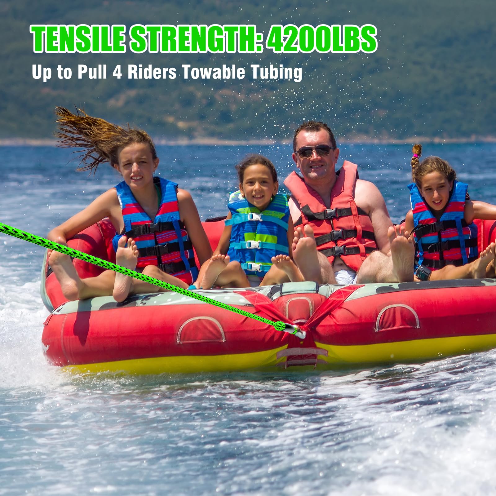 SETYPARY 4K 60FT Boat Tow Rope for Tubing, Fits 1-4 Person Towable Tubes Boating, Heavy-Duty Floating Tube Tow Rope for Watersports (Green & Black)