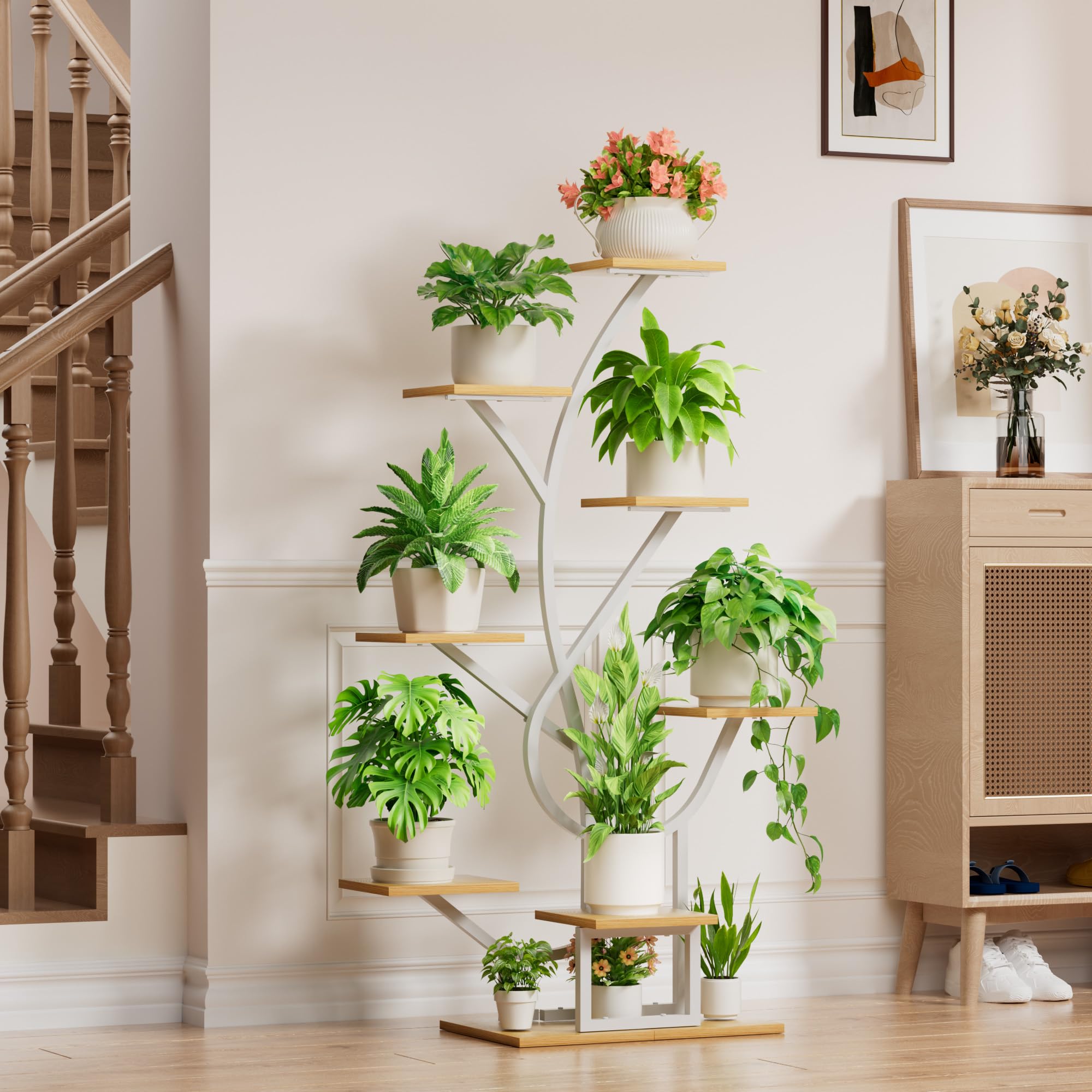 BACEKOLL Soporte para plantas con luz de crecimiento - 8 niveles, soporte para flores de 126 cm, metal y madera, estantería para plantas - para interior y exterior, escalera para flores - Blanco