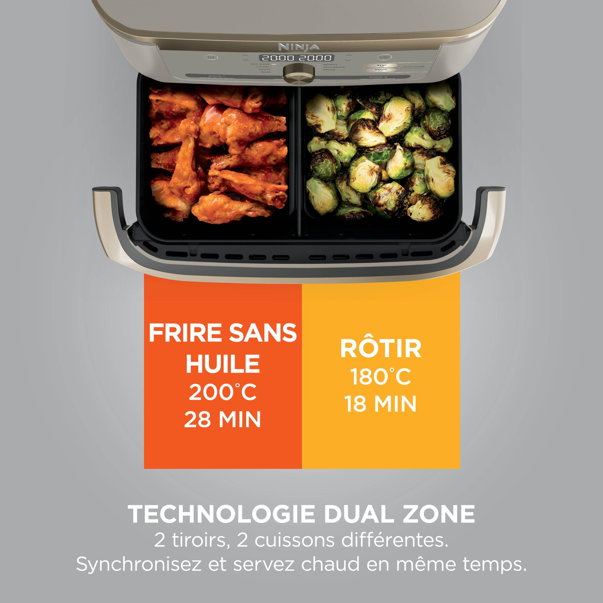 Ninja Foodi FlexDrawer Air Fryer, Dual Zone Avec Séparateur Amovible, Grand Tiroir de 10.4 L, 7-en-1, Double Zone, Sans Huile, Pièces Antiadhésives Compatibles Au Lave-Vaisselle, Stone/Or AF500EUSD