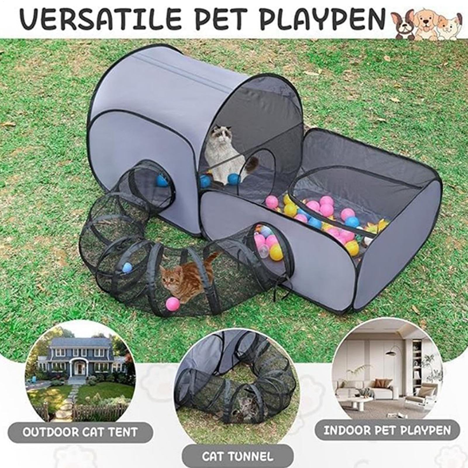 Parque para Gatos | Corral para Gatitos con Túnel Y Tienda para Gatos - Estructura Plegable con Túnel Y Juguetes Interactivos para Gatitos Y Cachorros En Interior Y Exterior