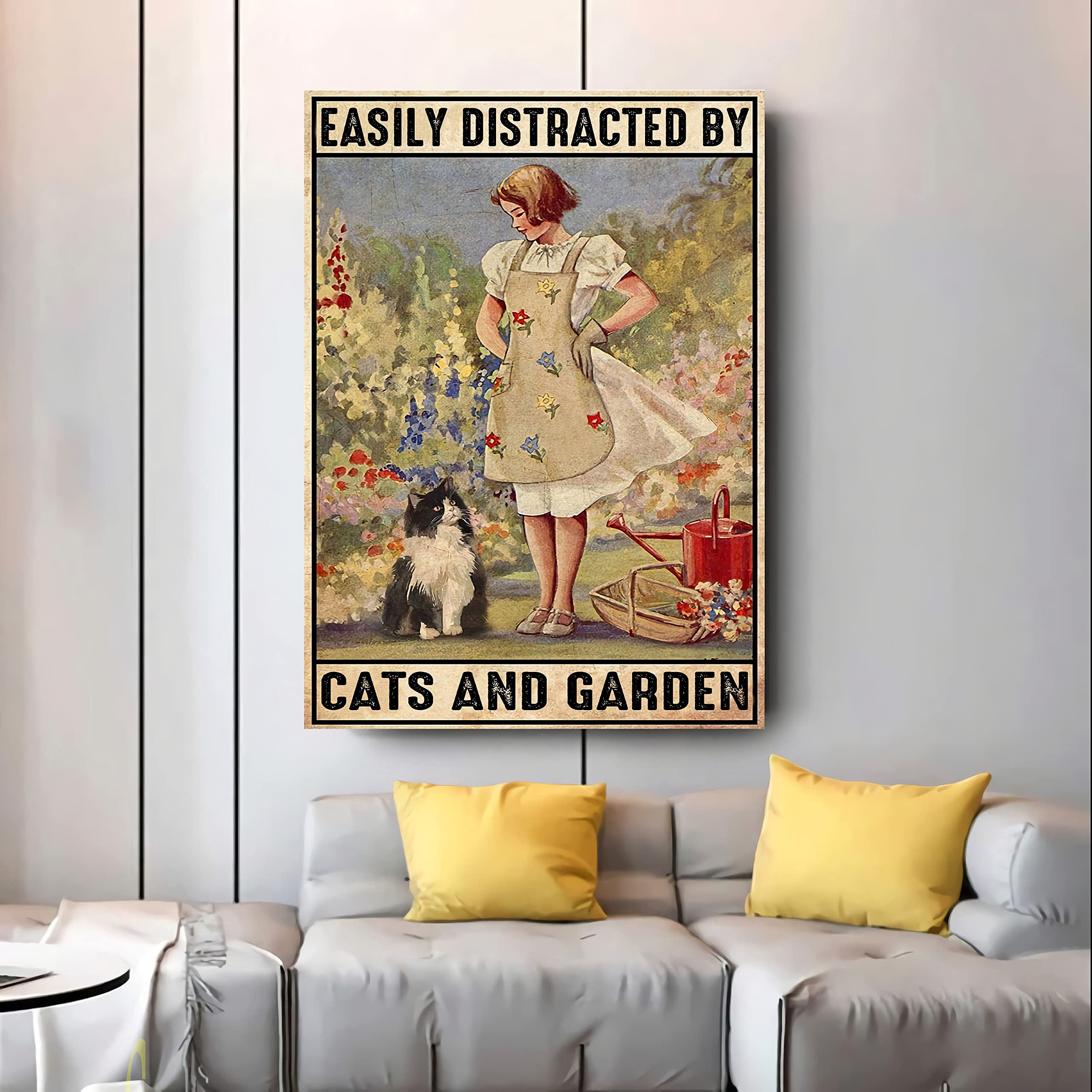 Gardener Easily Distracted by Cats and Garden Love Cats Gardening Sign Decor Metal Sign Tin Sign Decor Poster Wall Art Poster 8X12 Inches