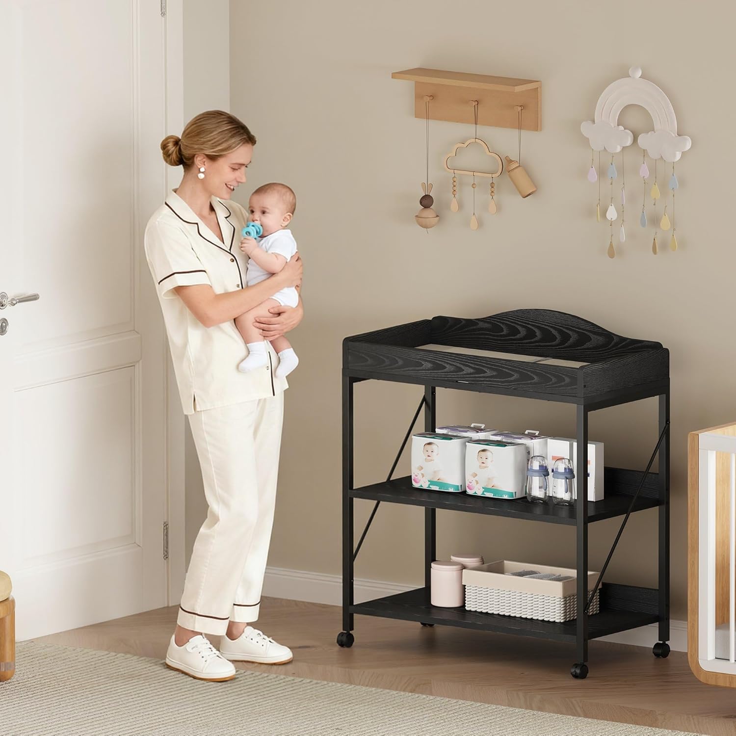 Baby Changing Table, Diaper Changing Station with Pad and Wheels, Two-Tier Open Storage Shelves, Waterproof Diaper pad & Safety Strap,Compact Baby Furniture for Nursery, Black