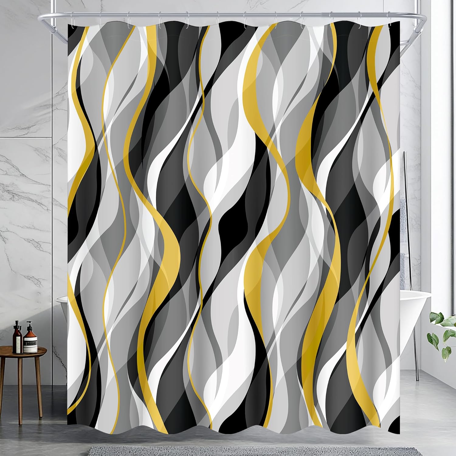 Yellow and Grey Shower Curtain for Bathroom Yellow and Black Shower Curtain Fabric Modern Abstract Striped Minimalist Bath Curtains Waterproof Shower Curtains Set, Black Gray Yellow, 72 x 72 Inch