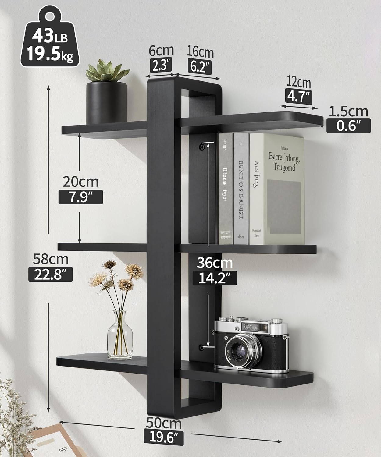 Black Floating Shelves for Wall Mounted Shelving Unit All Pine Wood 3 Tier Large Shelf for Bedroom Living Room Office Bathroom Home Decoration Storage Plant Photo Display Modern 20in