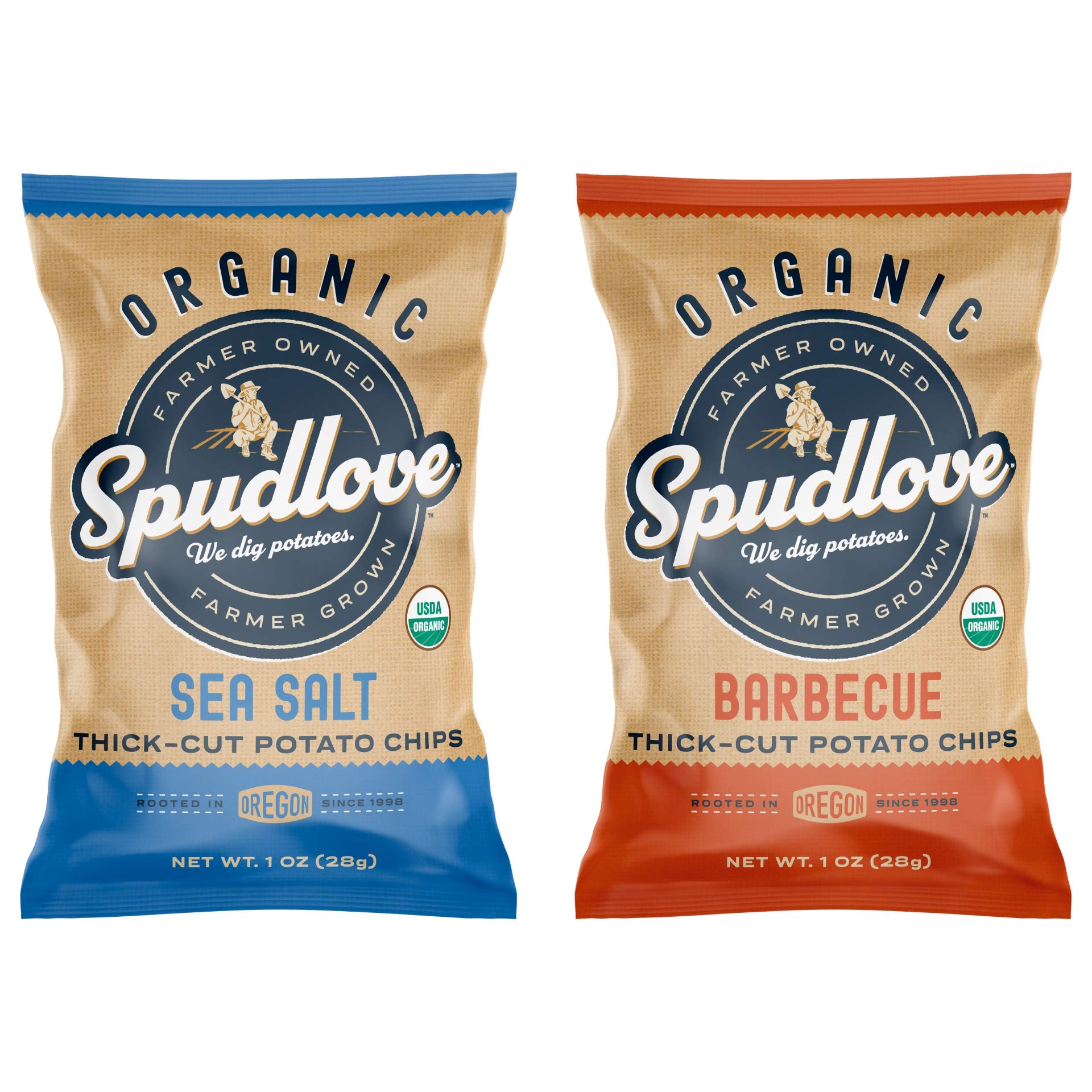SpudLove Organic Potato Chips, Kettle-Style Thick-Cut 2 Flavor Variety Pack, Sea Salt, Barbecue, 1 oz, 24 count