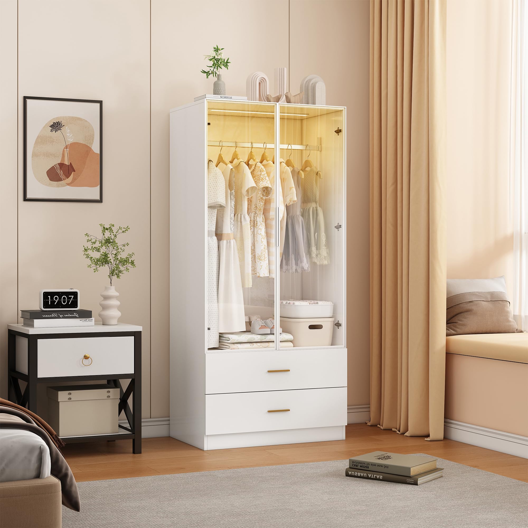 Guardaroba bianco - 80 cm di larghezza - Con appendiabiti e luci LED - Molto spazio di archiviazione - Armadio polivalente a 2 ante con 2 cassetti - Per camera da letto (80 x 50 x 175 cm)