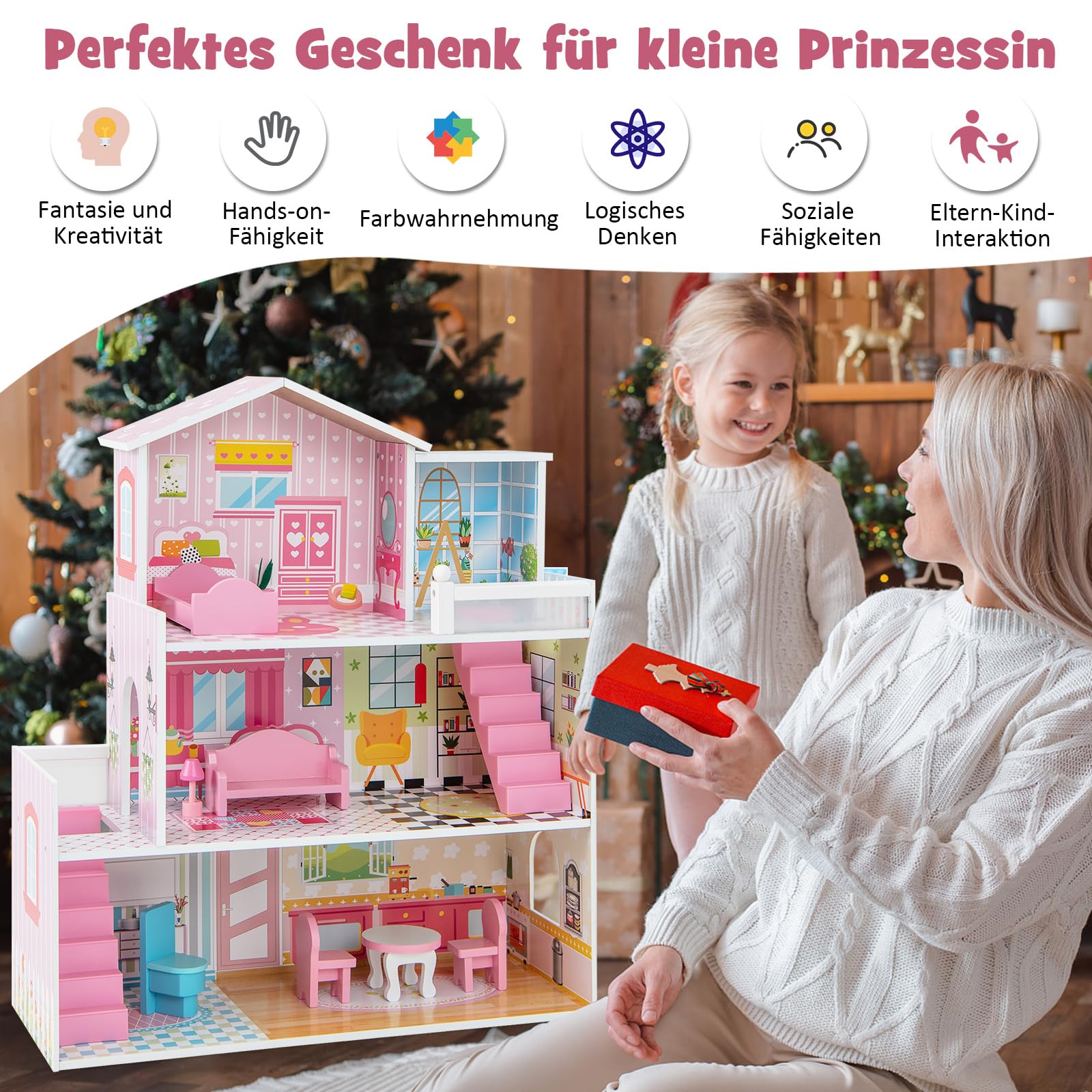 COSTWAY Puppenhaus aus Holz, Puppenstube mit 3 Etagen & 10 Möbel & 5 Zimmern, Traumhaus für Mädchen, Puppenvilla Dollhouse Spielzeug für Kinder ab 3 Jahren