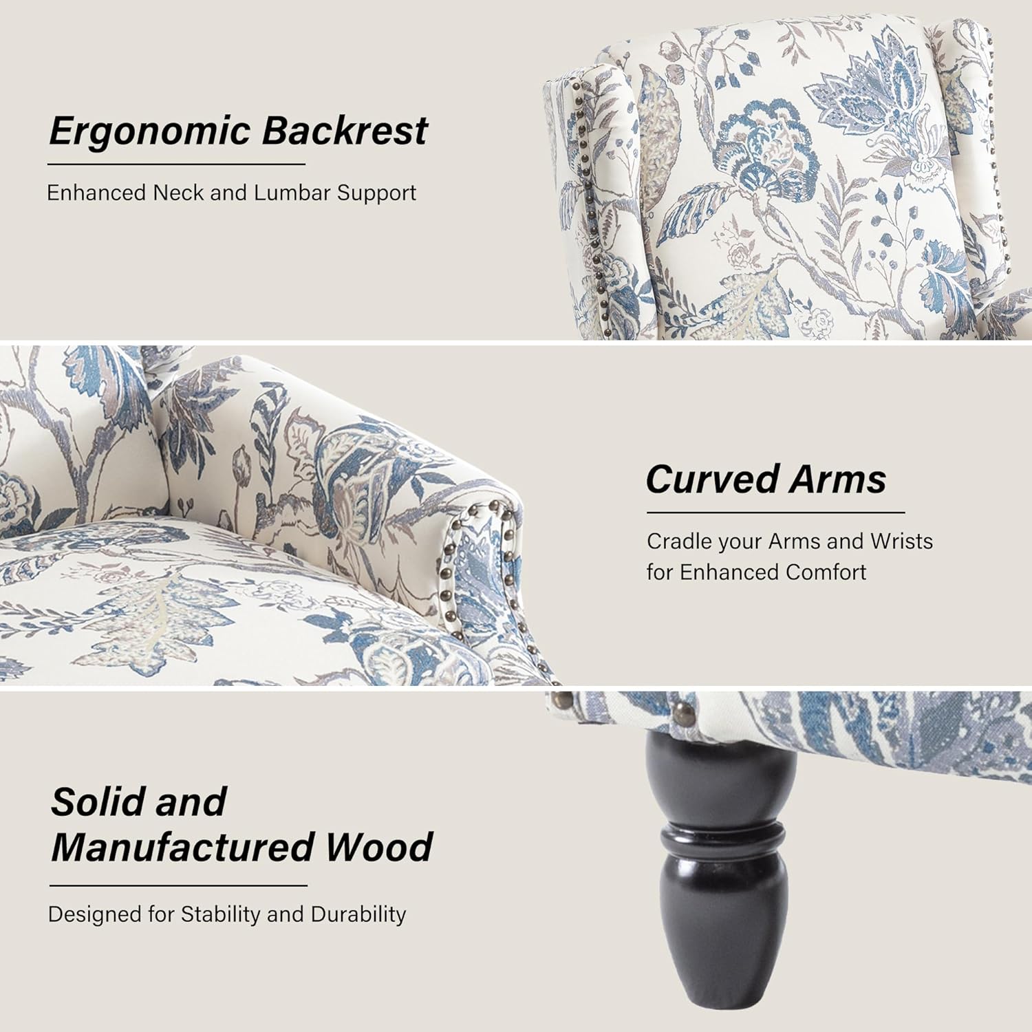 Recliner Chair, Upholstered Wingback Floral Pushback Armchair with Adjustable Backrest & Footrest, Comfy Accent Chair Reading Single Sofa for Small Spaces, Living Room, Bedroom (Plants Blue, Set of 1)