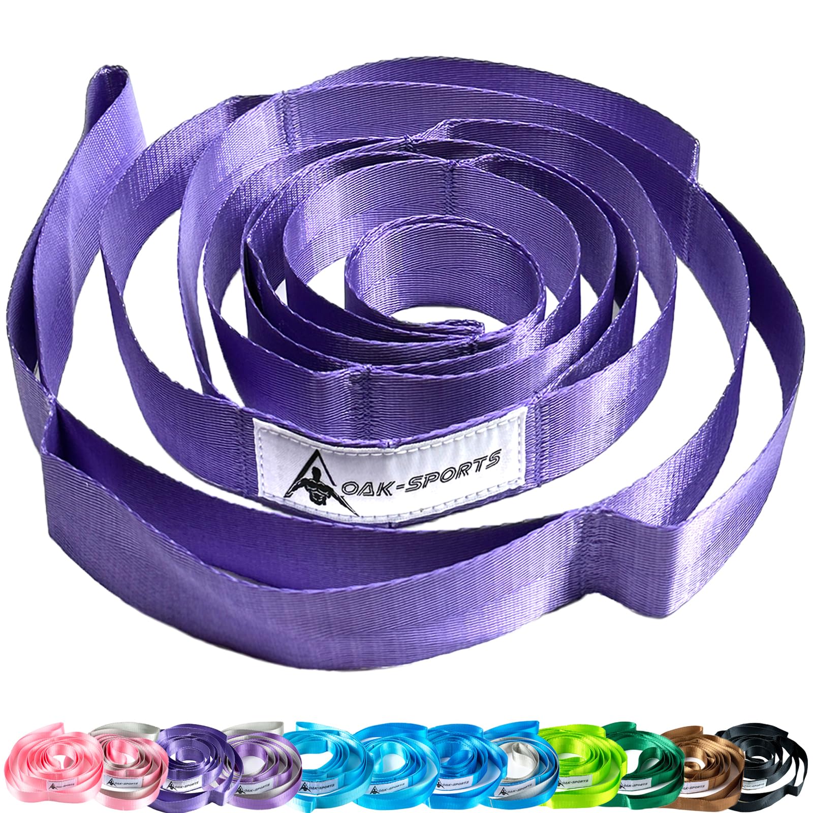 Oak-Sports Correa elástica de yoga para terapia física con 10 bucles, correas de yoga para estiramiento, banda elástica no elástica mejorada para pilates, danza y gimnasia con guía de entrenamiento