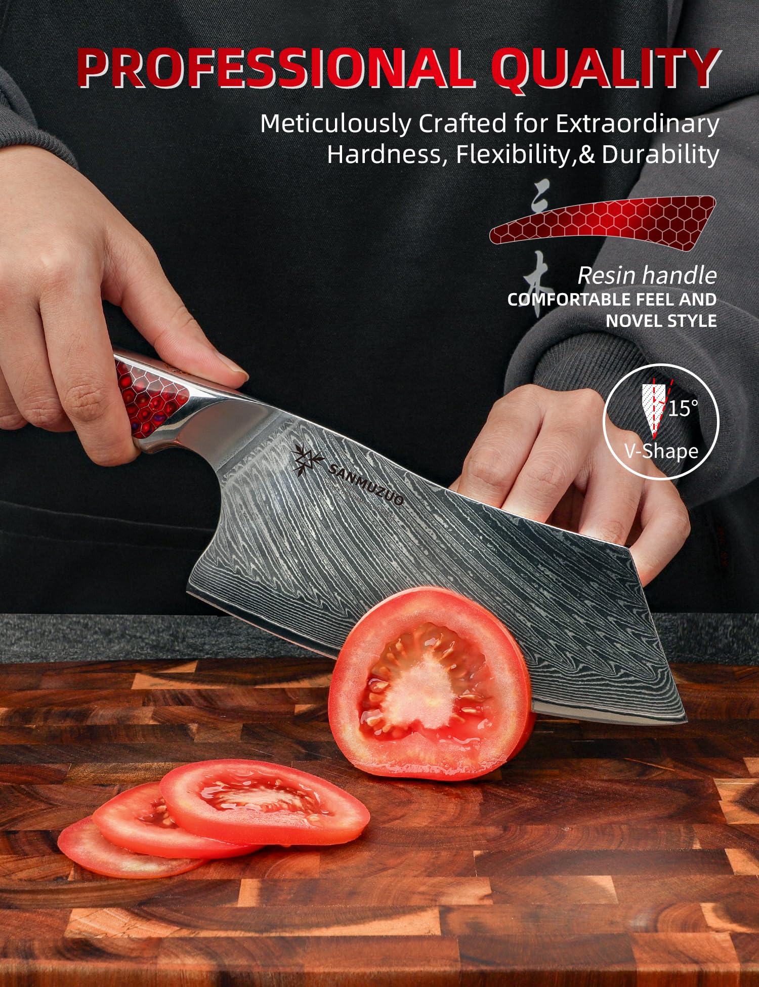 18CM Nakiri-Messer, Fleischerbeil aus Japanischem VG-10-Damaszenerstahl, ultrascharfes Gemüsemesser mit Ergonomischer Griff aus Rot Harz, Serie LA-S9